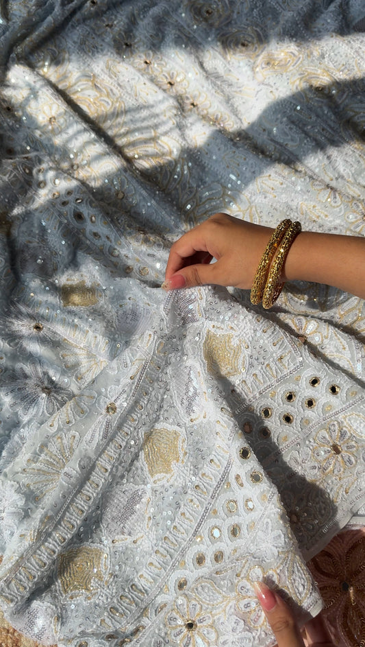 Ruhani Powder Blue Chikankari Sequins Cut Dana Embroidered Masterpiece Saree