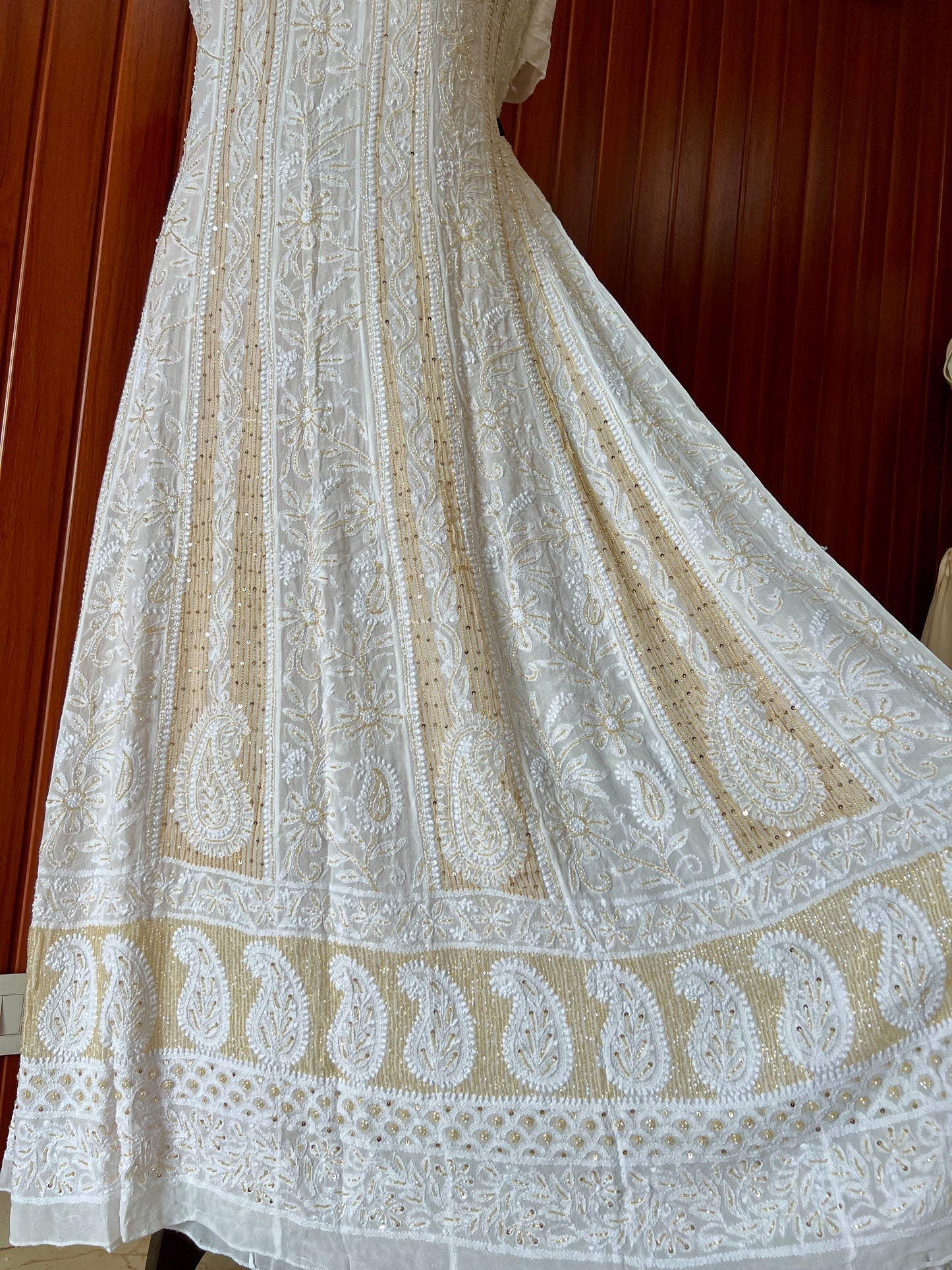 White Chikankari Sequins Cut Dana Anarkali with Dupatta