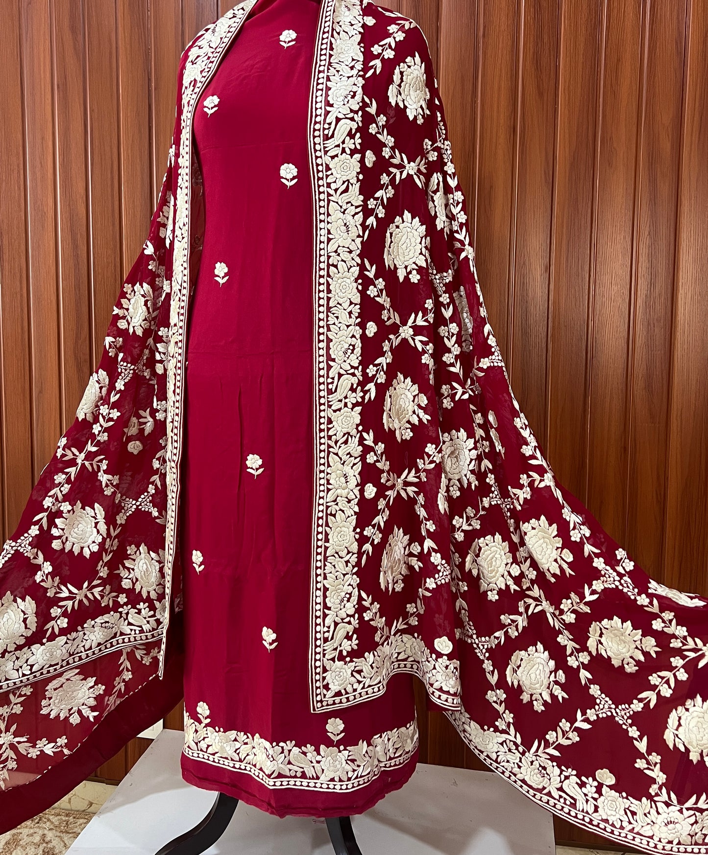 Ruby Red Masterpiece Hand Embroidered Parsi Gara full Suit