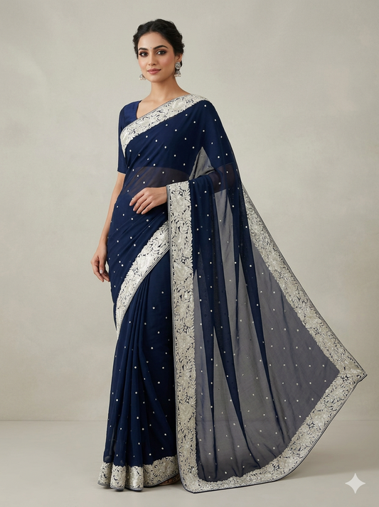 Navy Blue Pure Georgette Parsi Gara Hand Embroidered Saree