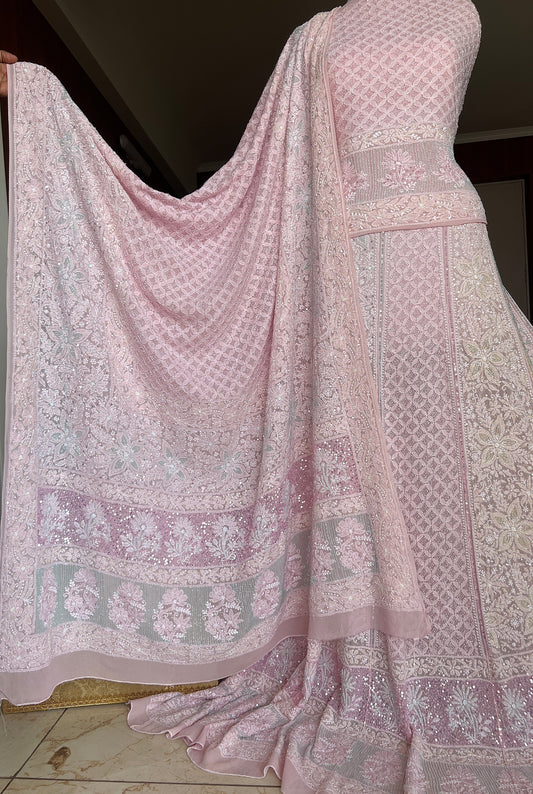 Pink Ruhani Chikankari Lehenga with Multicolored Cut Dana and sequins Work