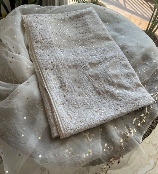 Ruhani Ivory Allover Designer Mukaish and Chikankari Saree