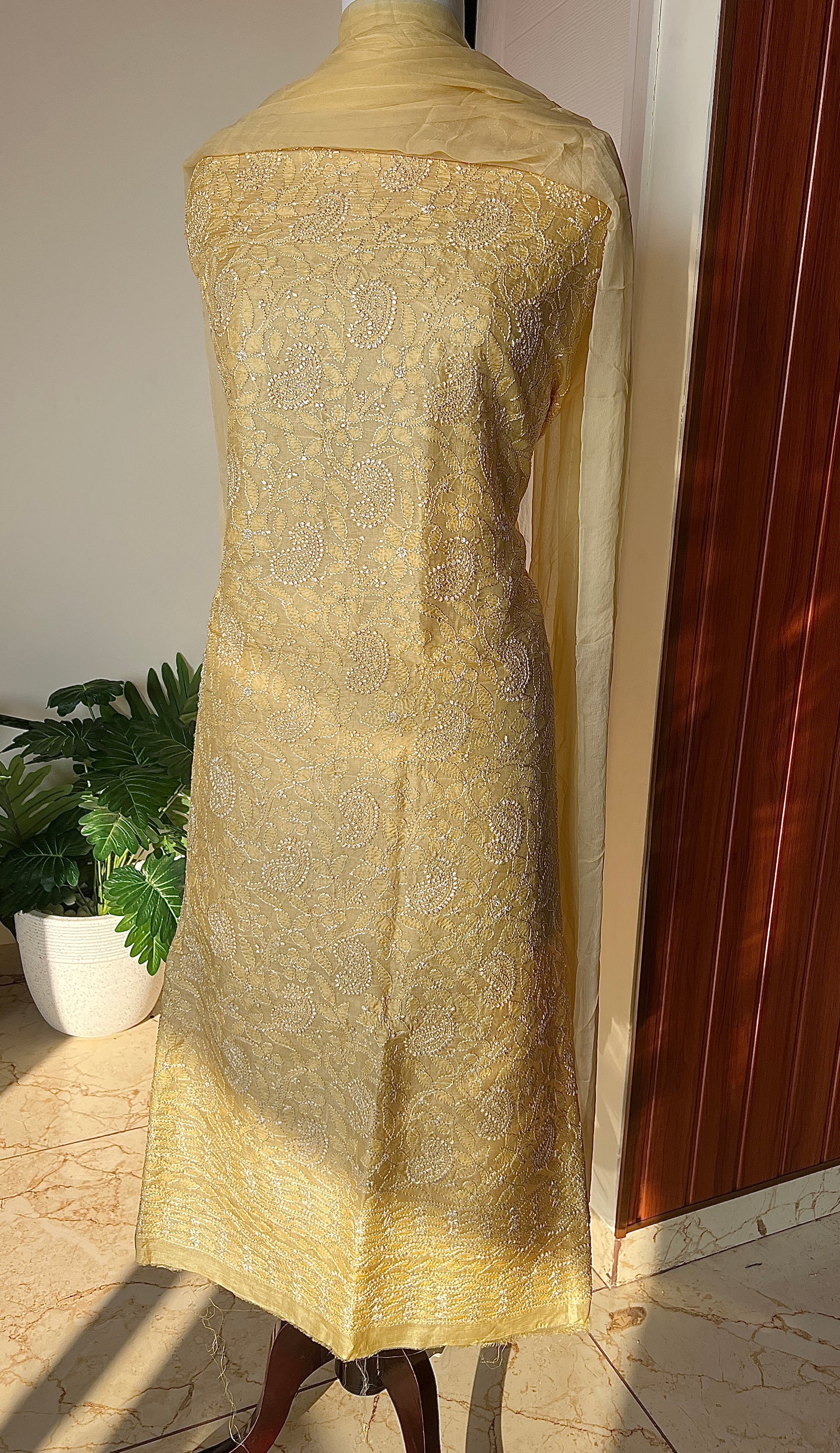 Tussar silk Chikankari embroidered kurta with chiffon dupatta