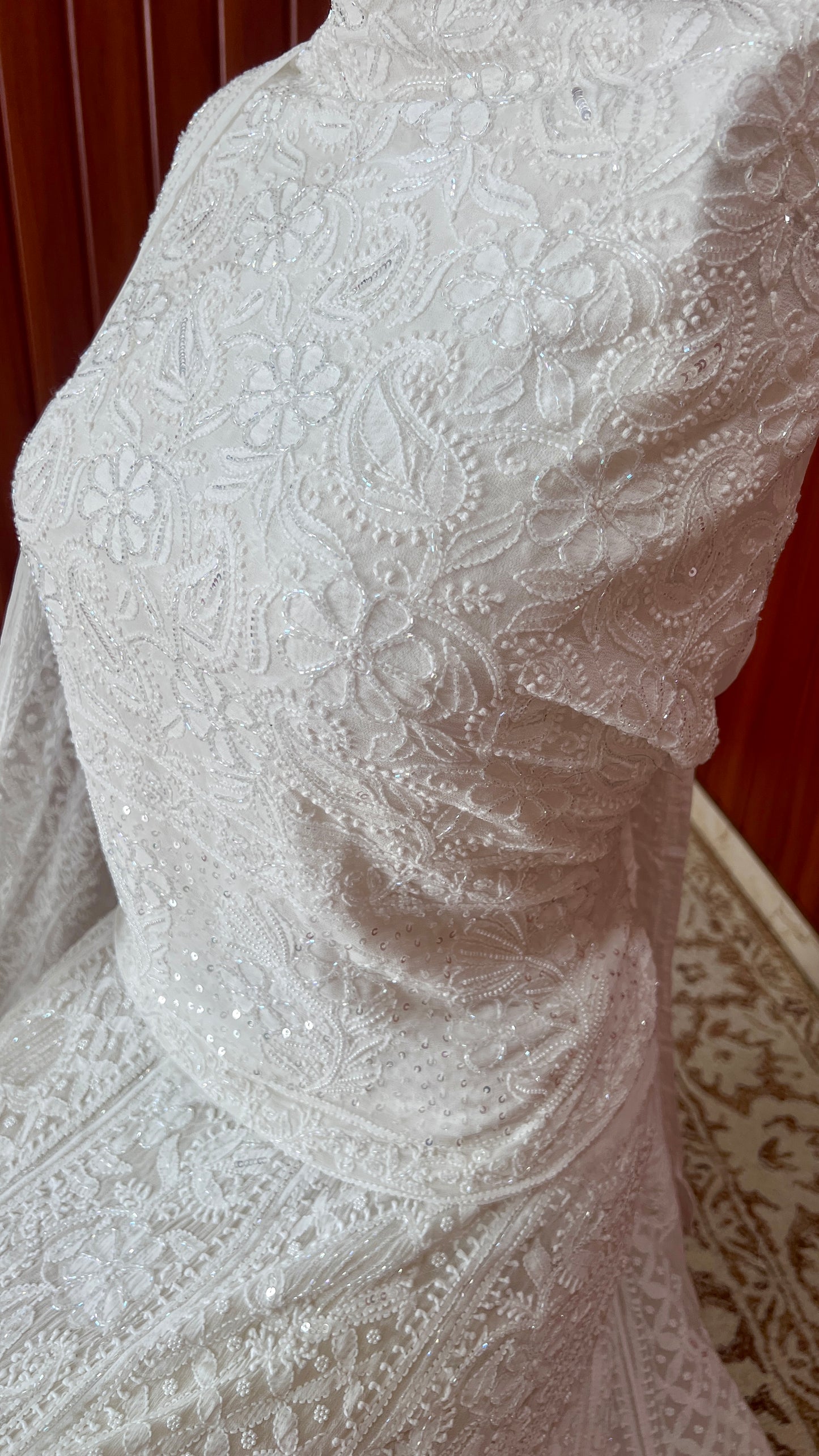 Ruhani White Chikankari Cut Dana Pearl Sequins Wedding Lehenga