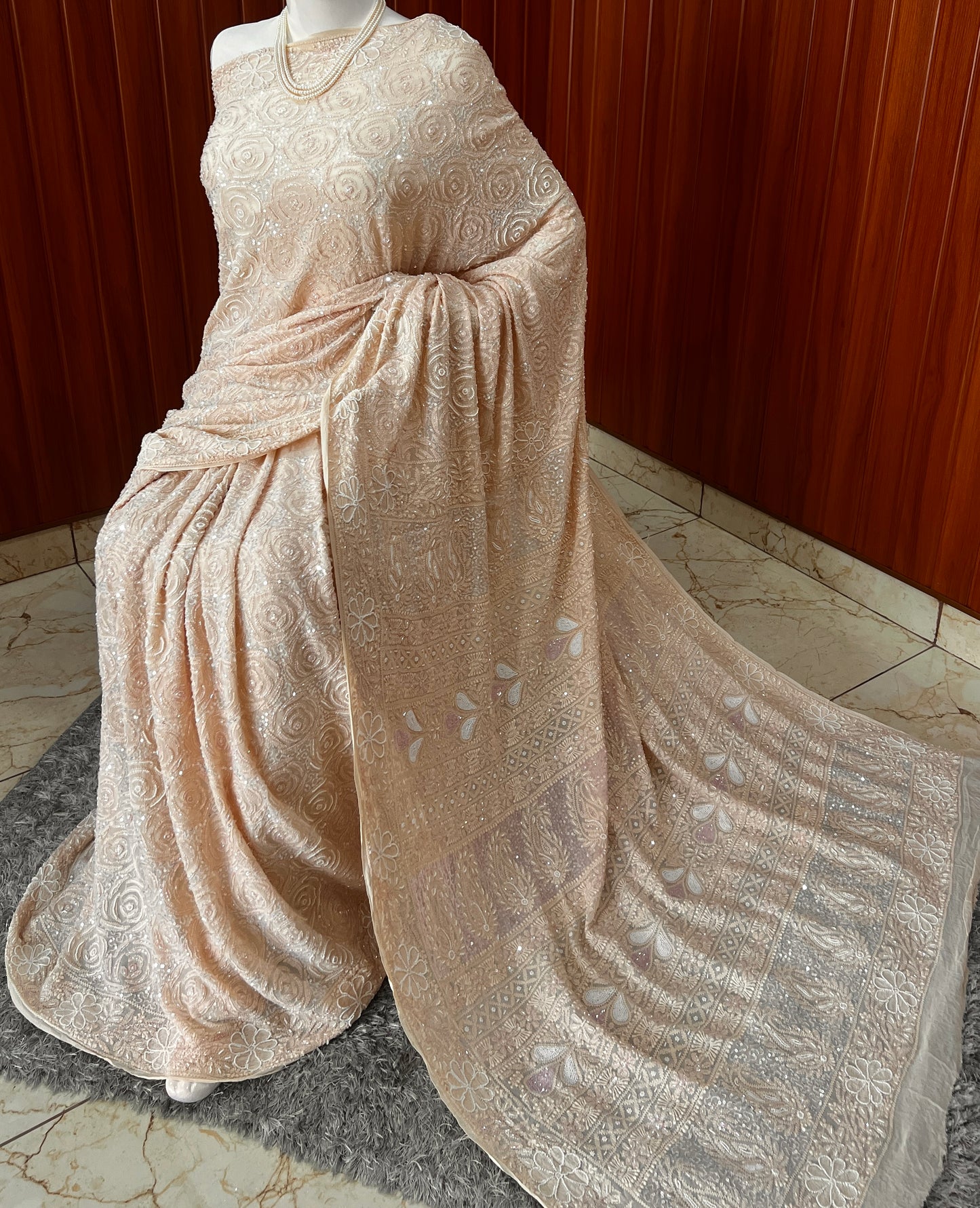Ruhani Beige Chikankari Cut Dana and Sequins Saree