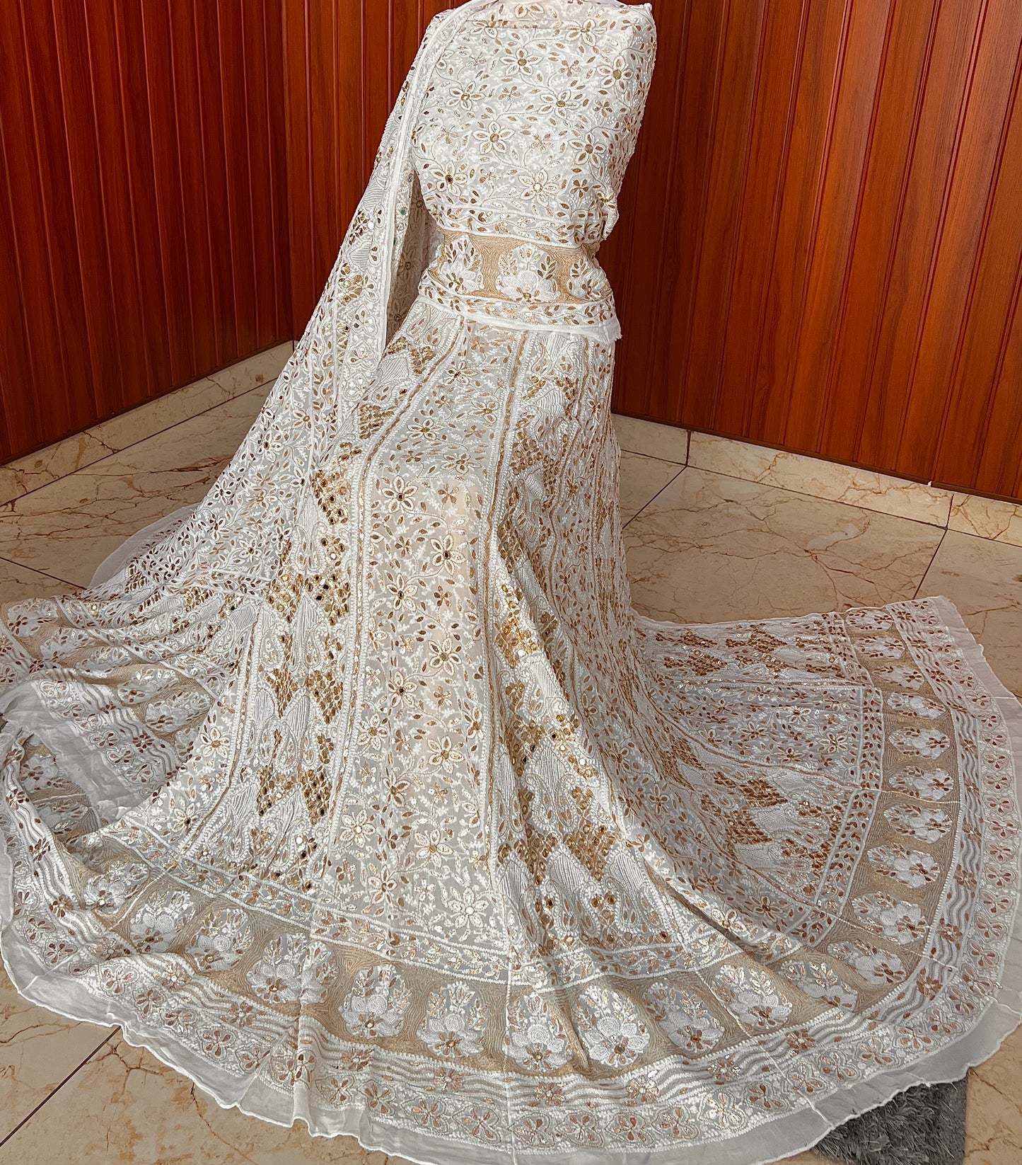 Ruhani White Chikankari Mirror and Gota Patti Georgette Lehenga Set