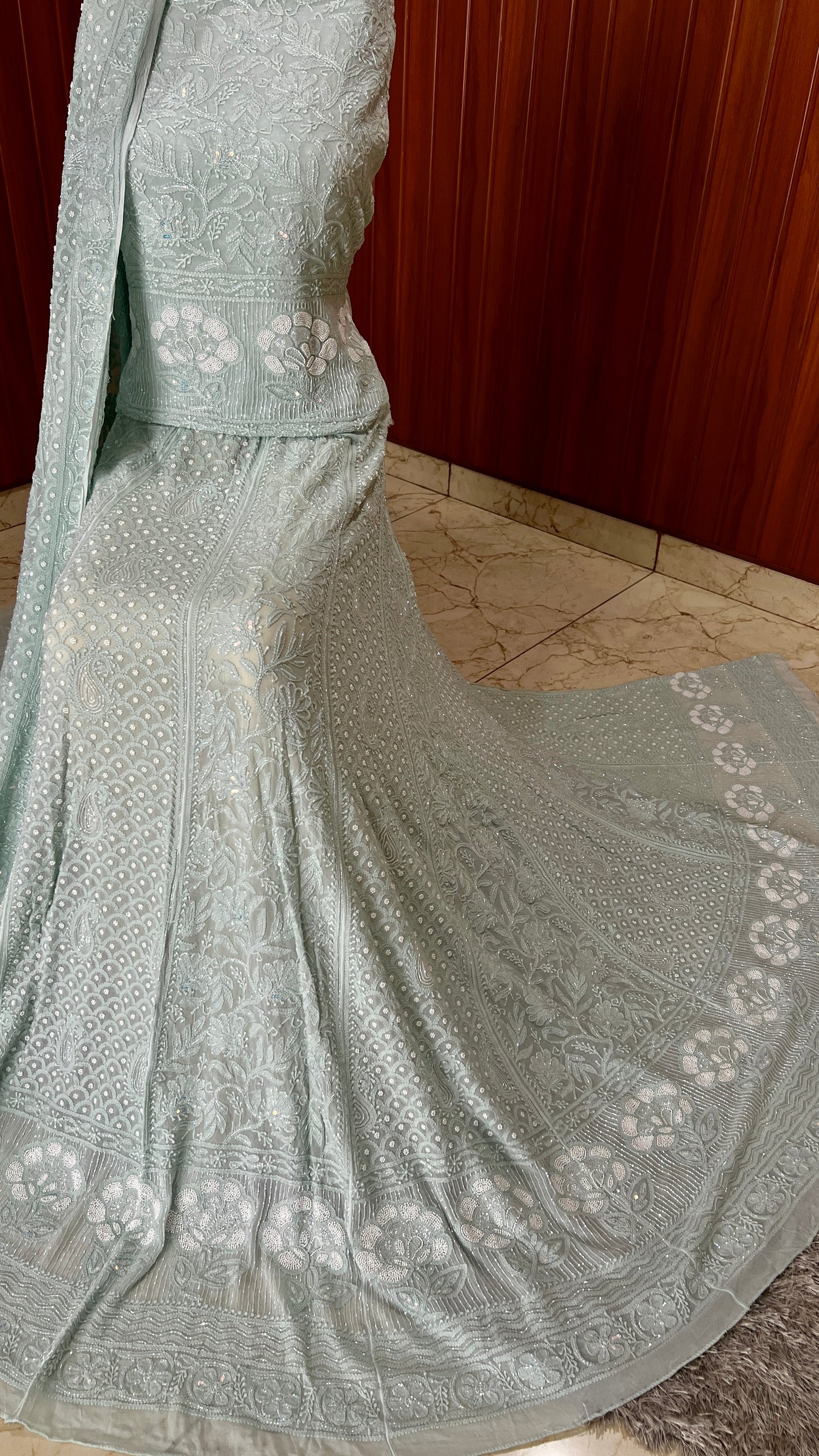 Ruhani Ice Mint Chikankari Cut Dana Pearl Sequins Wedding Lehenga