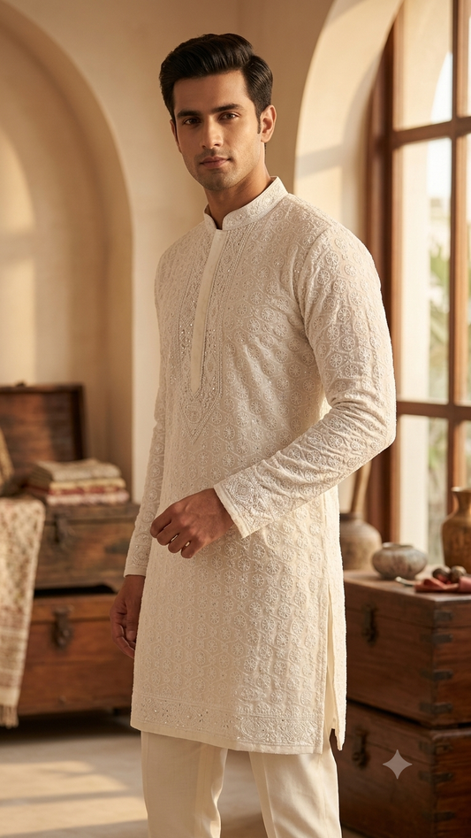 Ivory Pure Georgette Allover Chikankari and Cut dana sequins Men's Kurta Fabric