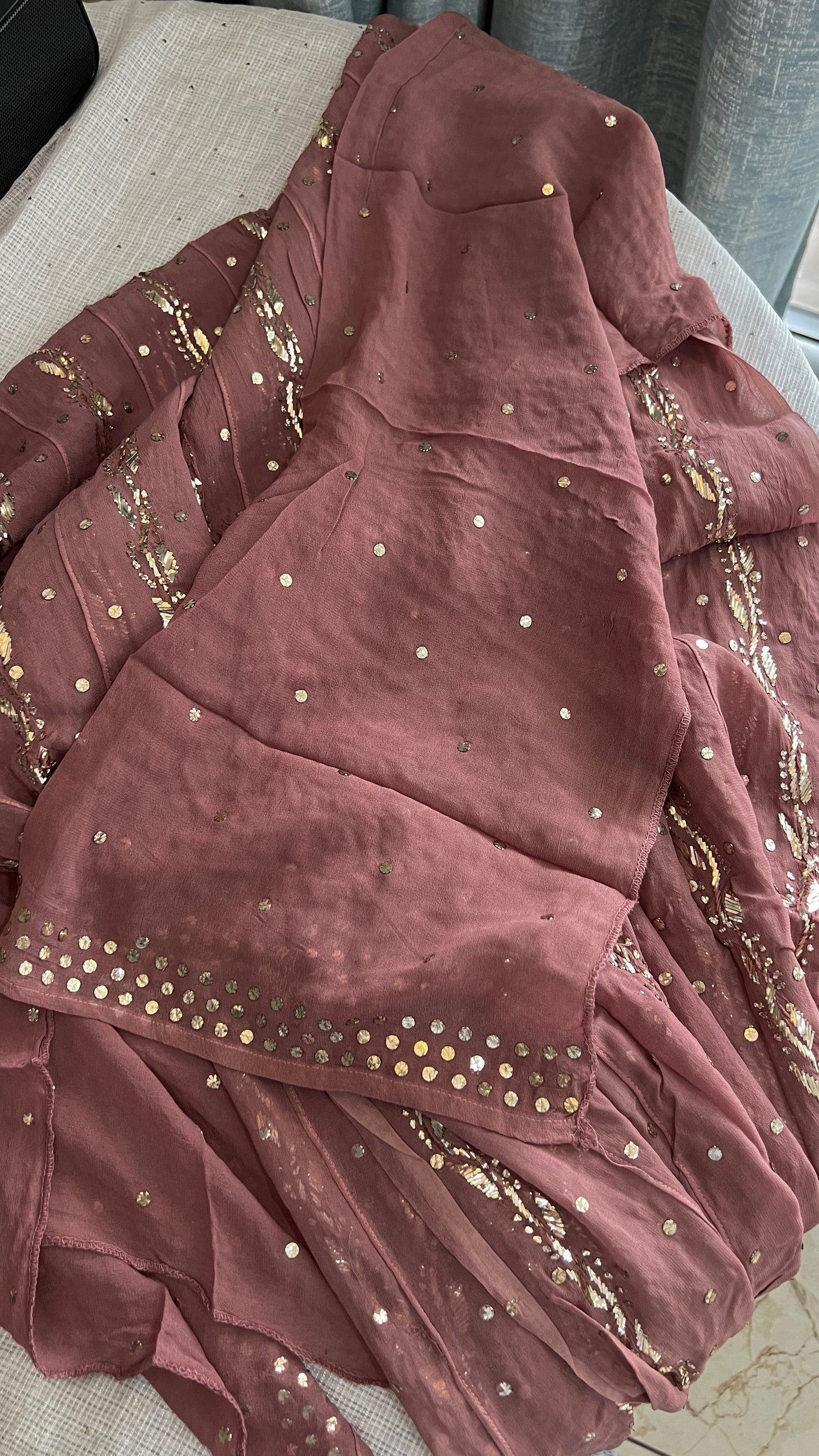 Taupe designer Mukaish Georgette Anarkali with Dupatta