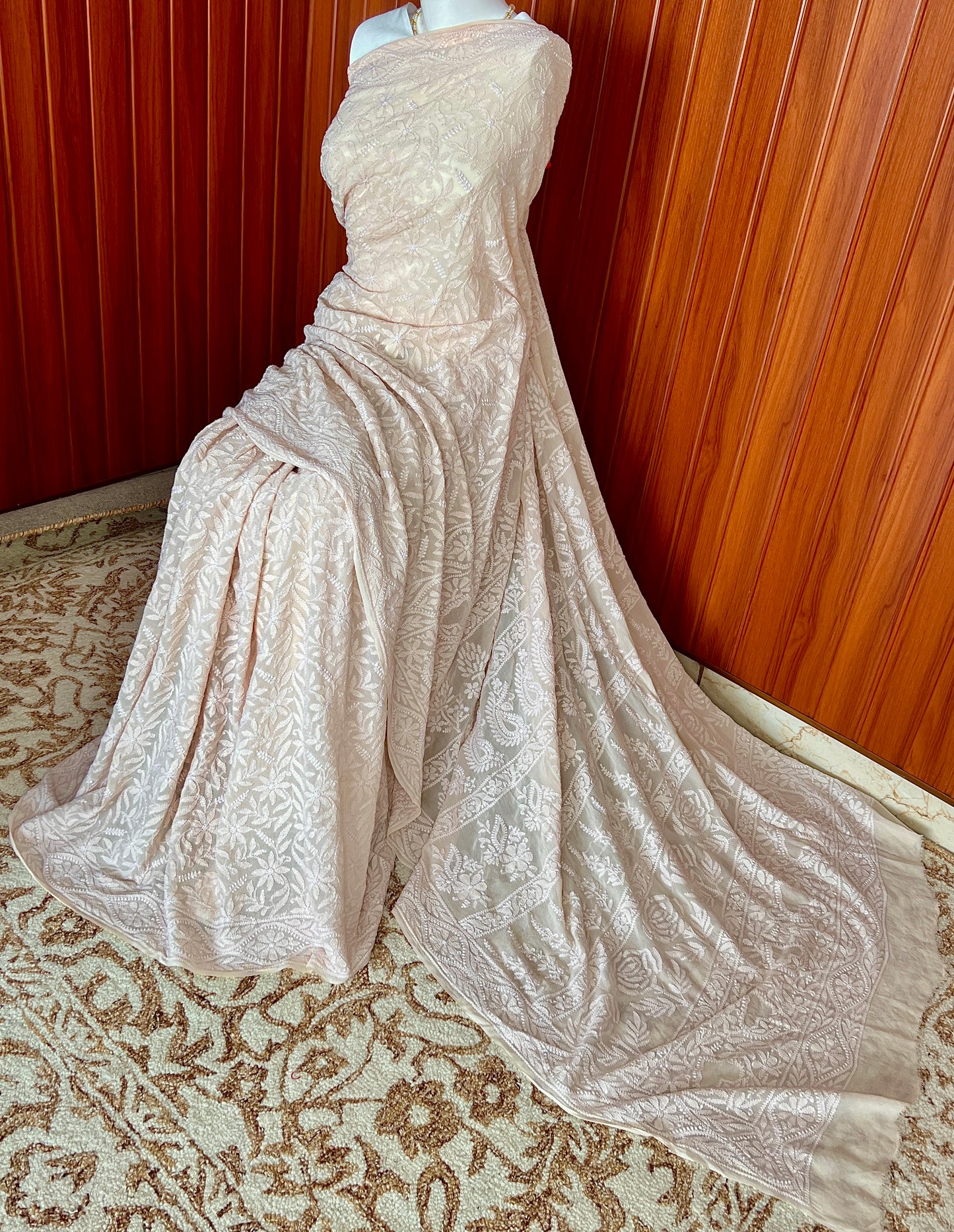 Ruhani nude peach fine Chikankari Hand Embroidered Saree