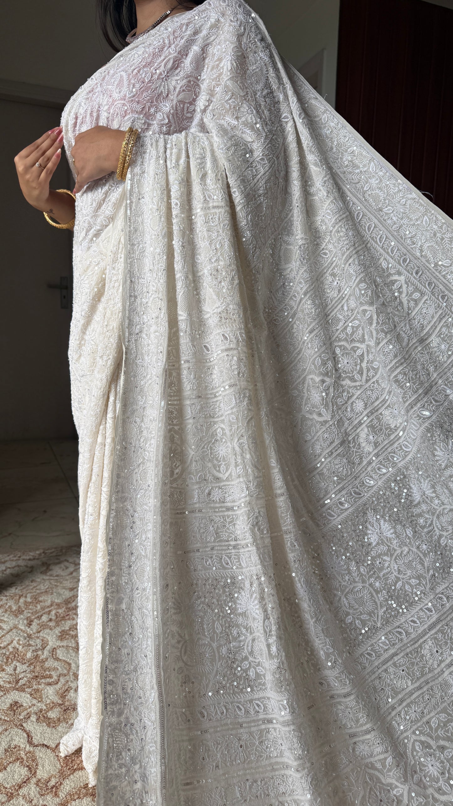 Suhaan Ivory Chikankari Do Taar Saree