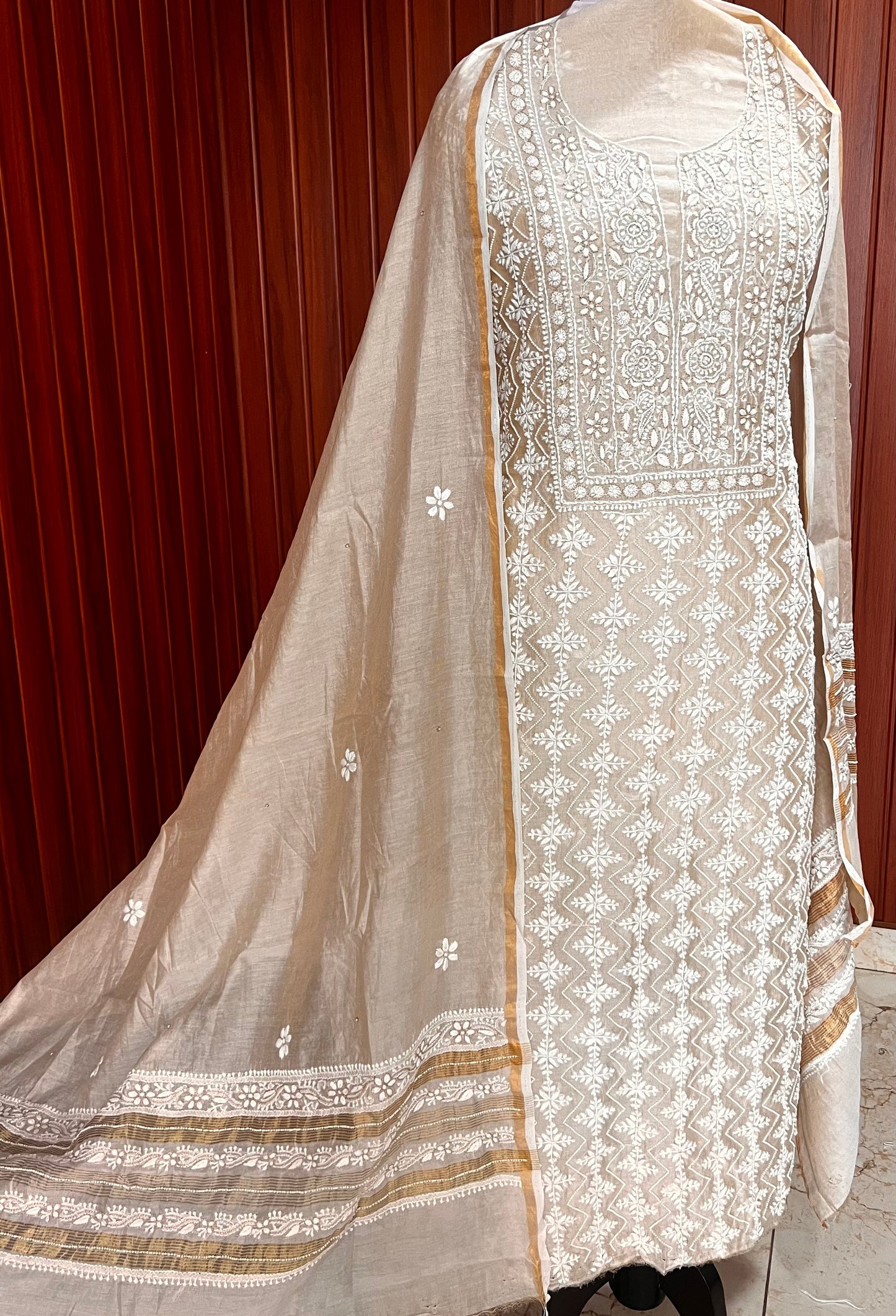 Tissue chanderi silk Chikankari and pearl embroidered kurta and dupatta