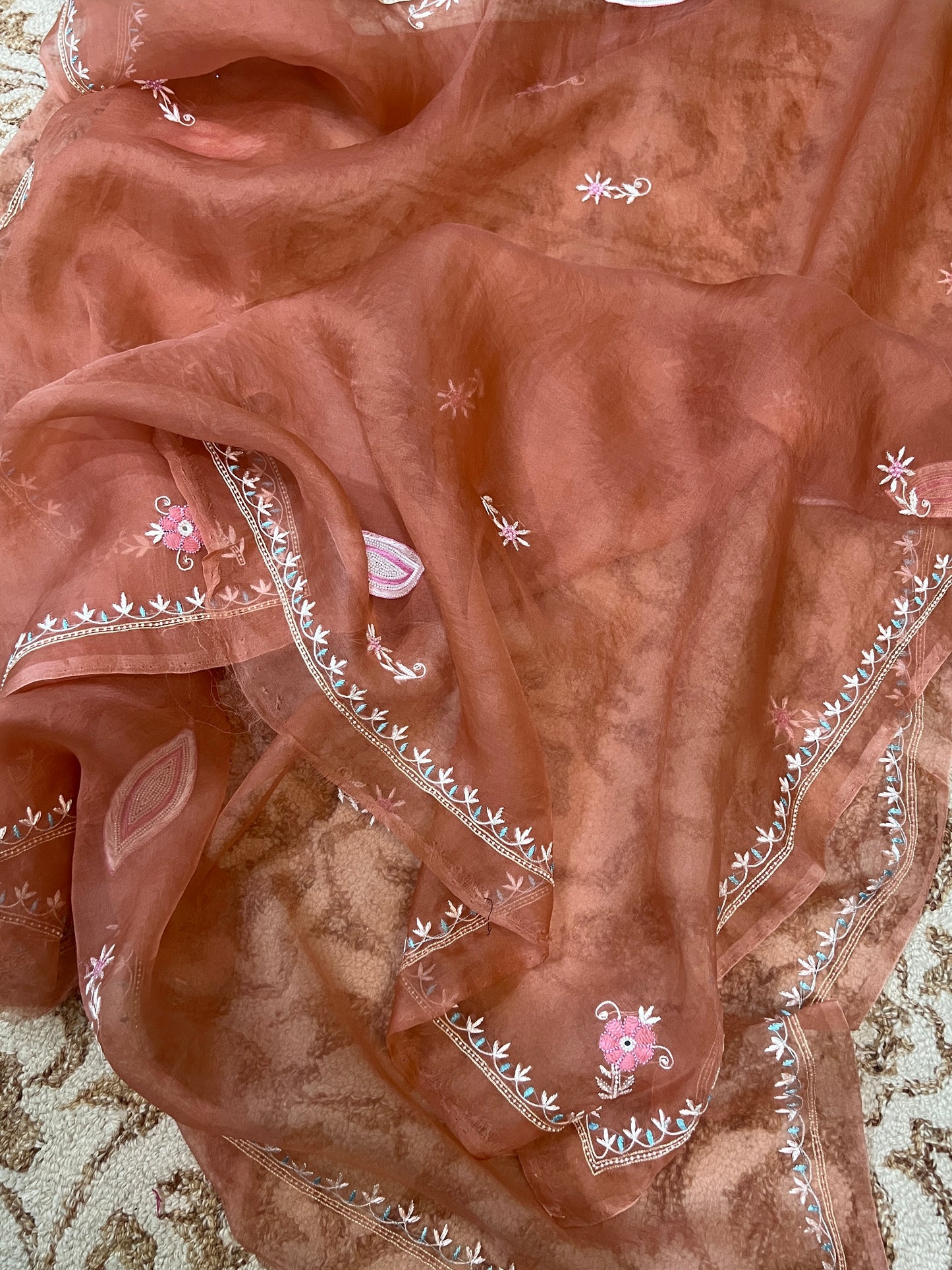 Ruhani Rusty Rose fine Chikankari pure Organza kurta with dupatta