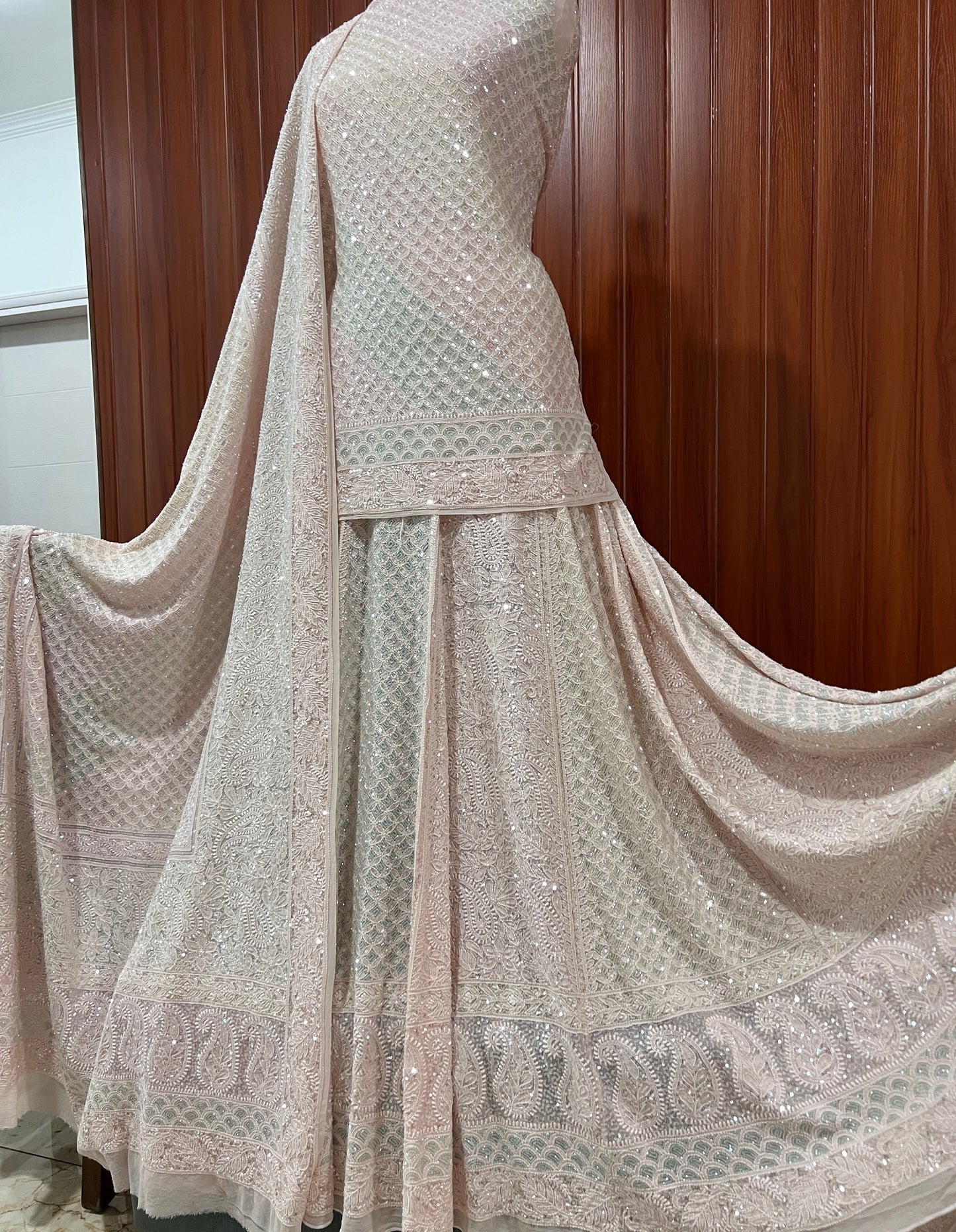 Ruhani Nude Pink Chikankari Lehenga with Multicolored Cut Dana and sequins Work