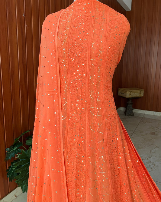 Orange allover Chikankari and mukaish anarkali with dupatta