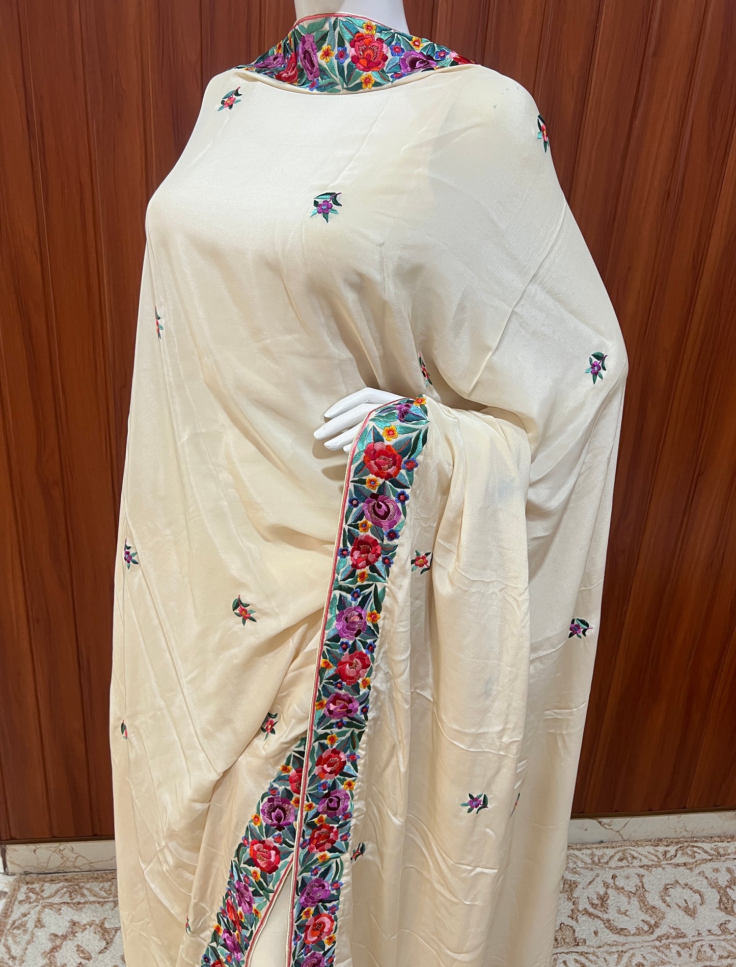 Cream Pure Crepe Dupatta With multicolored Parsi Gara Hand Embroidery