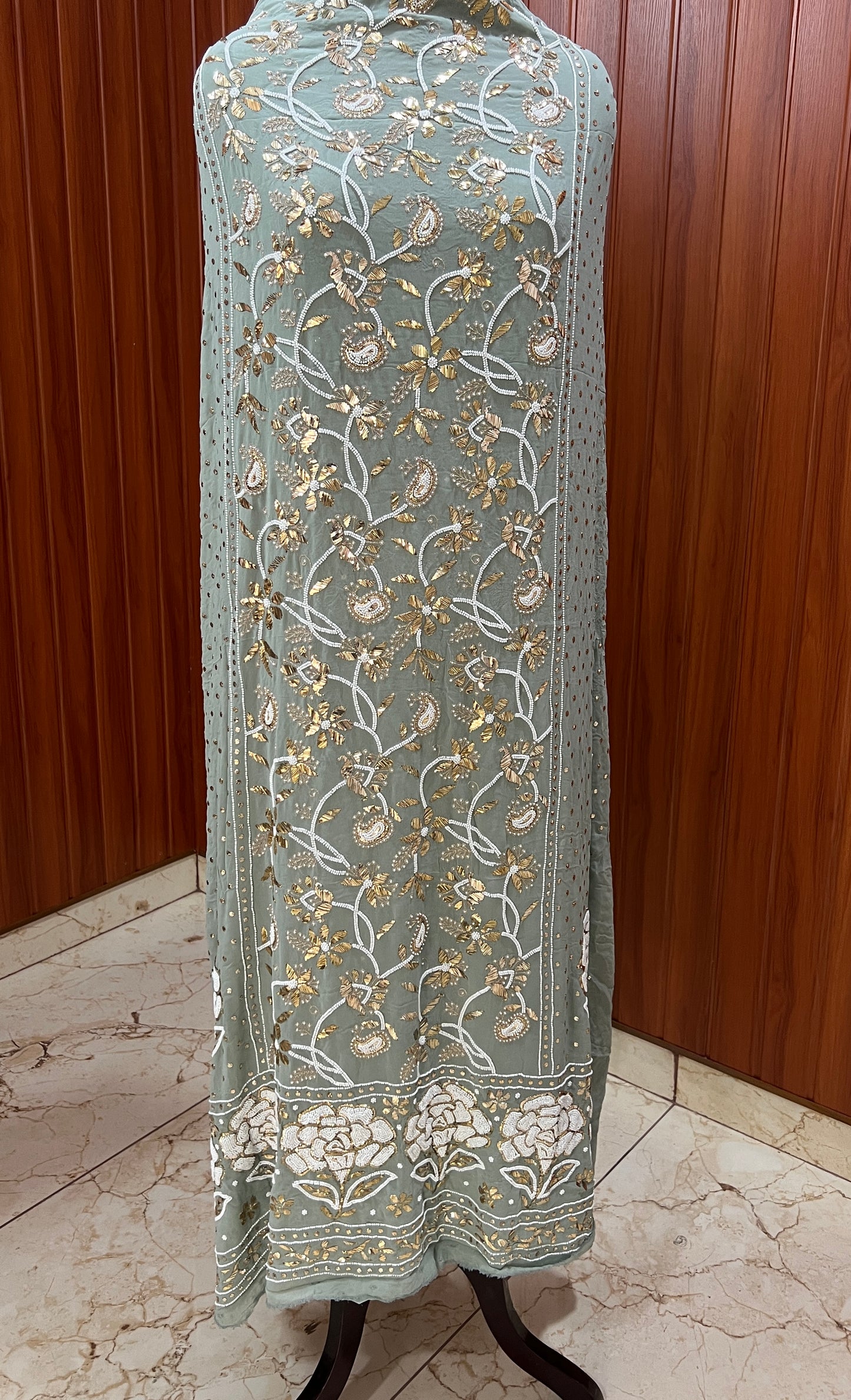 Ruhani Olive Green Badla and Pearl Embroidered Kurta & Dupatta Set