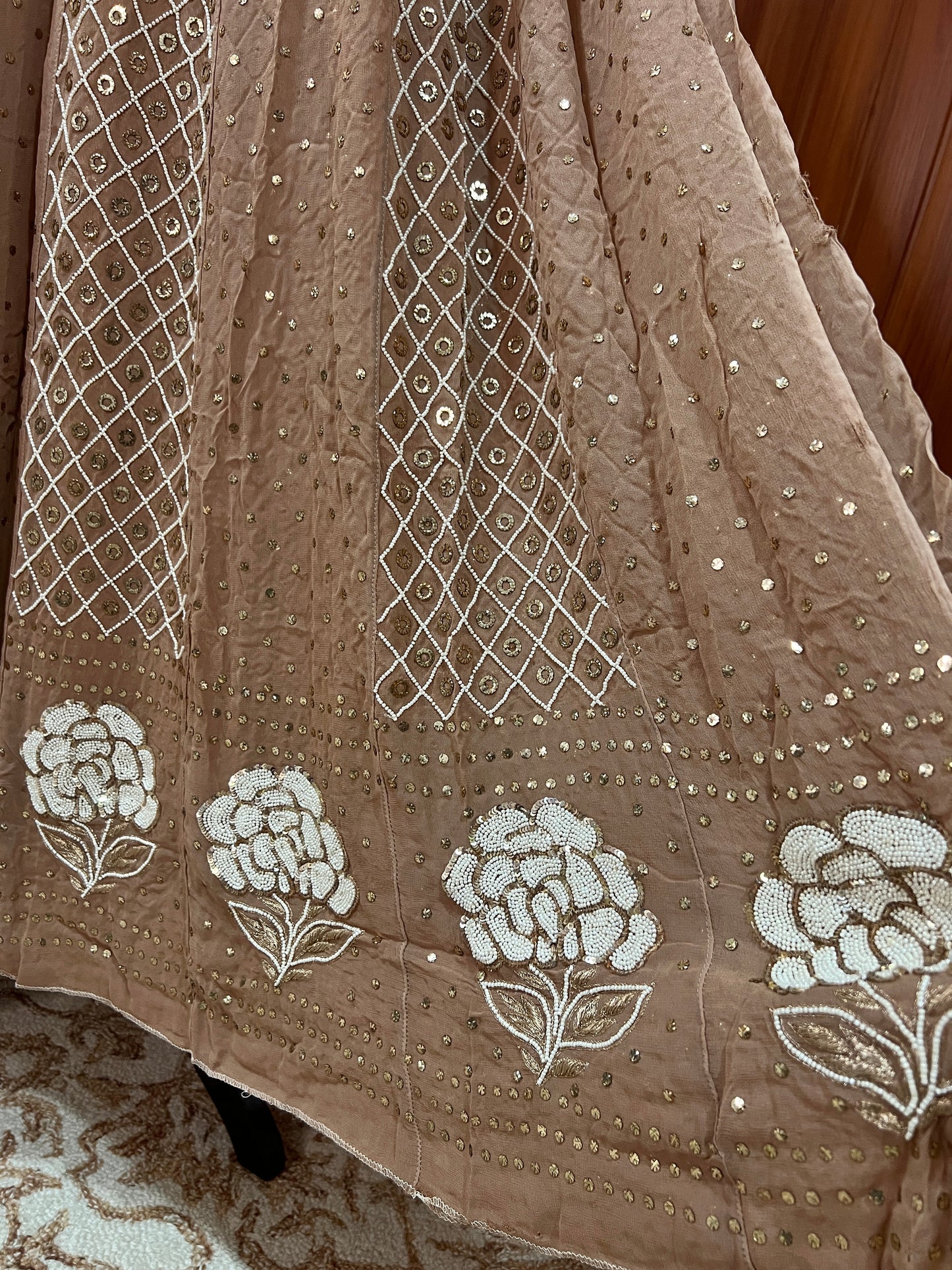 Cocoa brown Allover Mukaish and Pearl work Anarkali with Dupatta