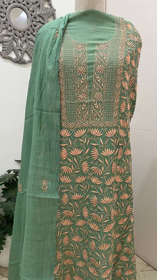 Emerald green Mul chanderi Chikankari embroidered kurta and dupatta