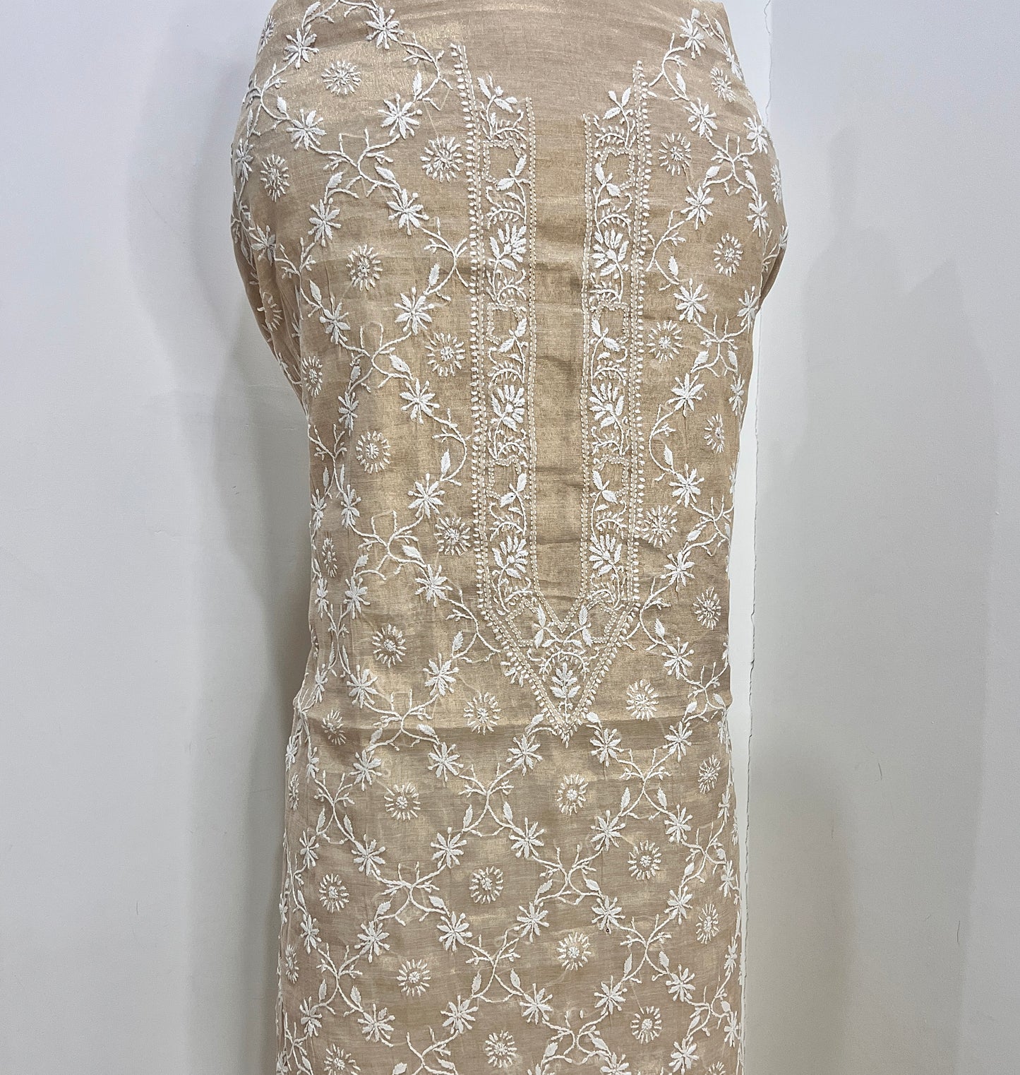 Tissue Chanderi Silk fine Chikankari Kurta Fabric