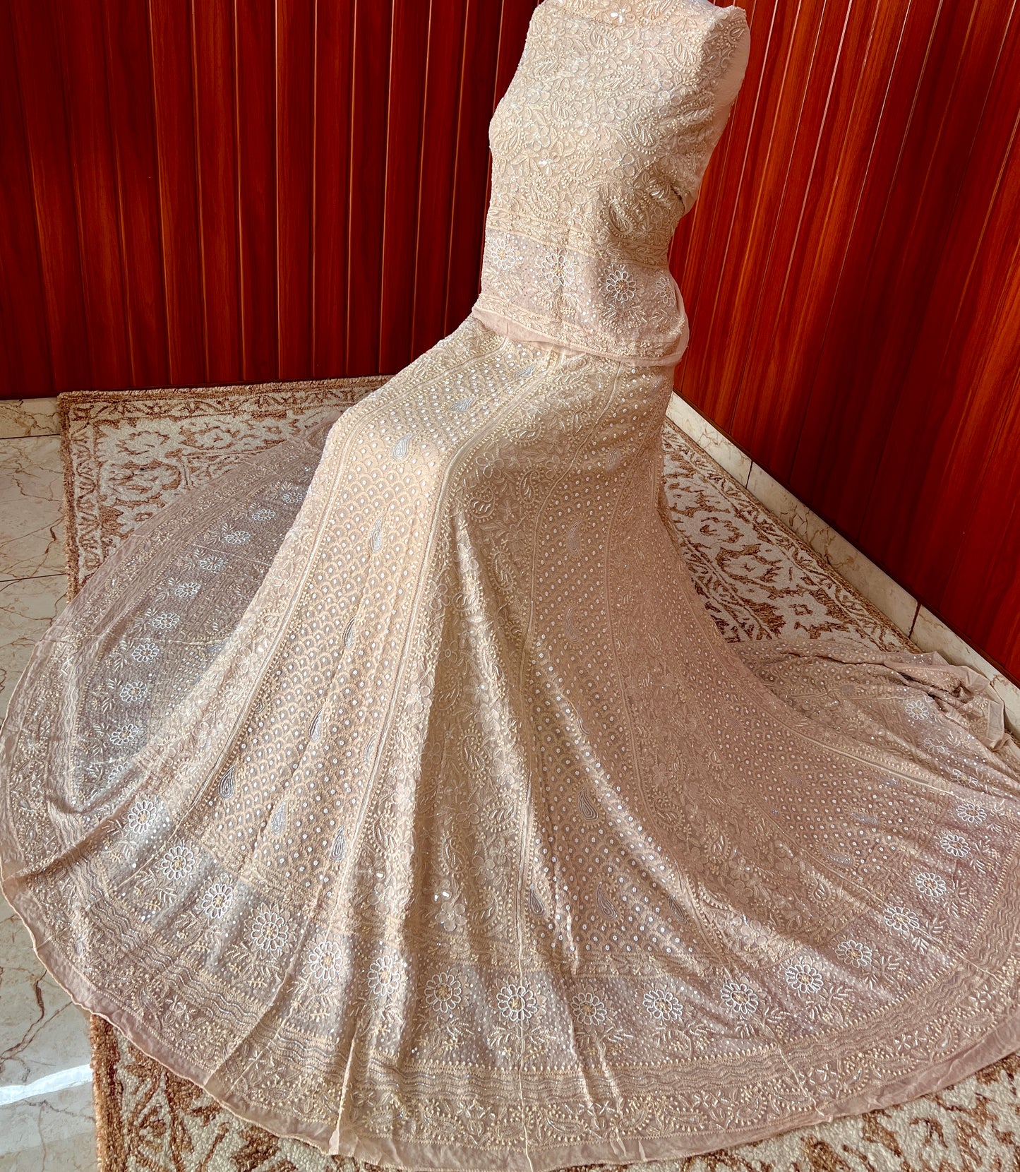 Ruhani Golden Beige Chikankari Cut Dana Pearl Sequins Wedding Lehenga