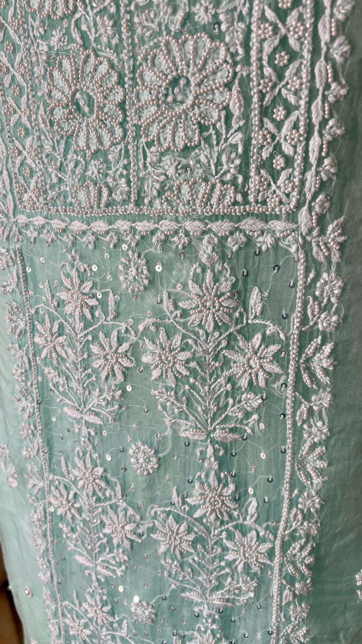 Sea Green Chikankari and pearl work pure Organza kurta with dupatta