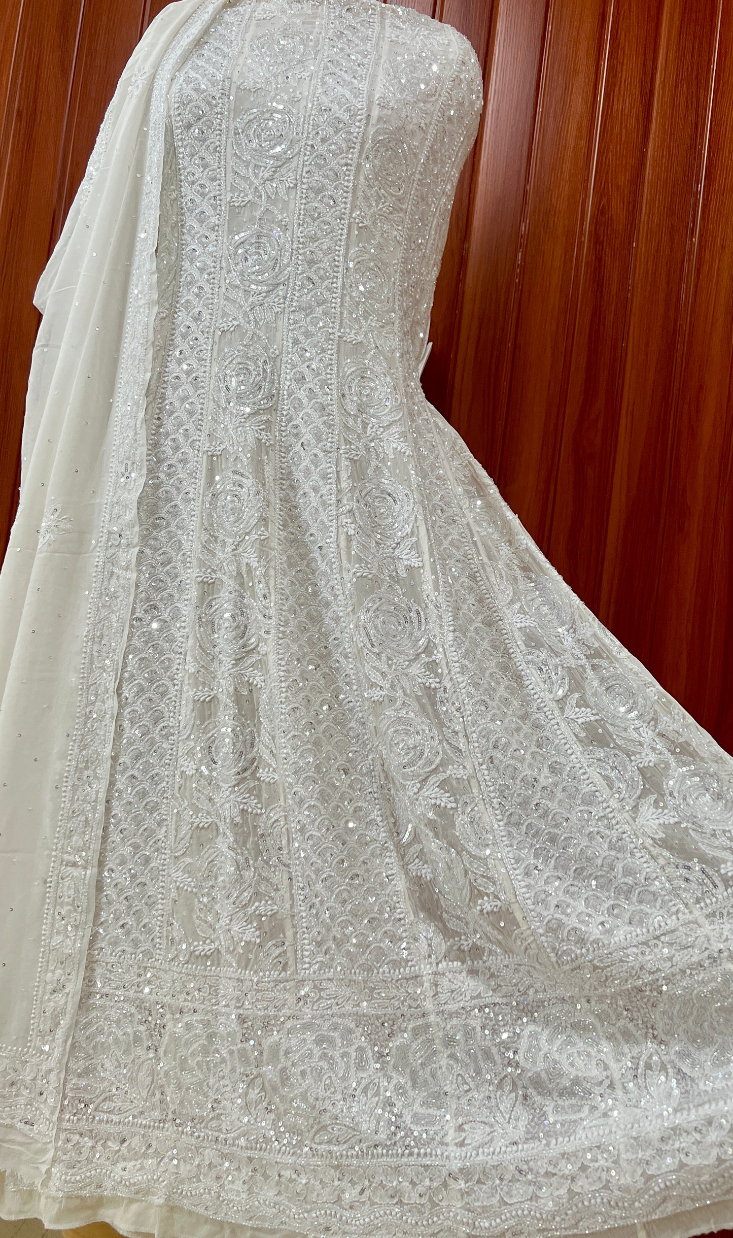 Ruhani White Chikankari Sequins and Cut Dana Anarkali