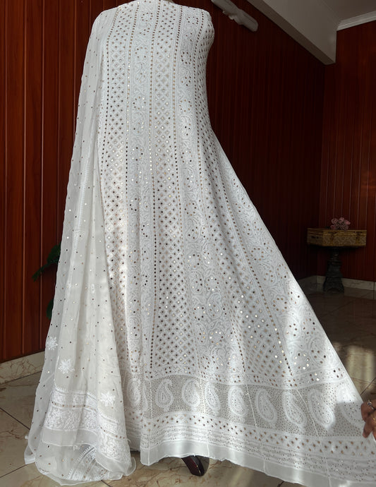 White allover Chikankari and mukaish anarkali with dupatta