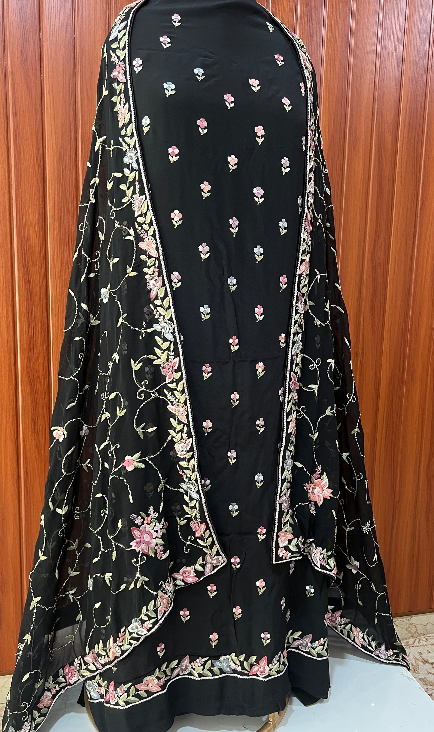 Black hand embroidered parsi gara pure crepe full suit