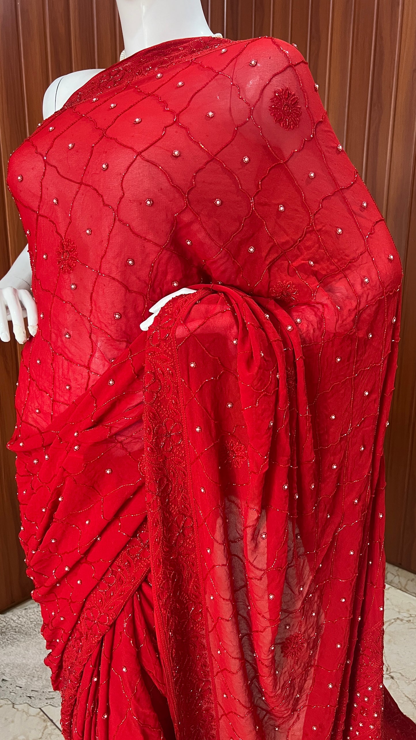 Ruhani Red Chikankari Cut Dana and pearl Saree