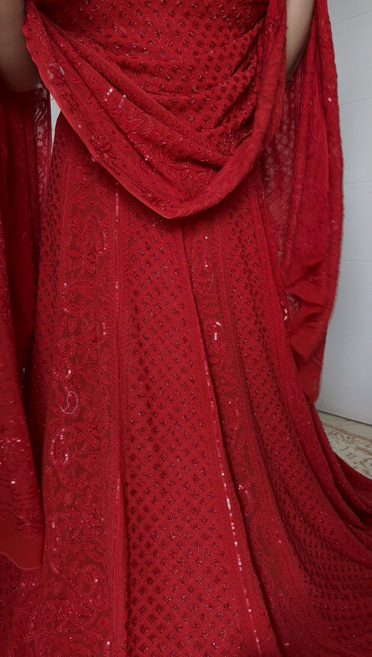 Ruhani Surkh Laal Chikankari Cut Dana Sequins Wedding Lehenga