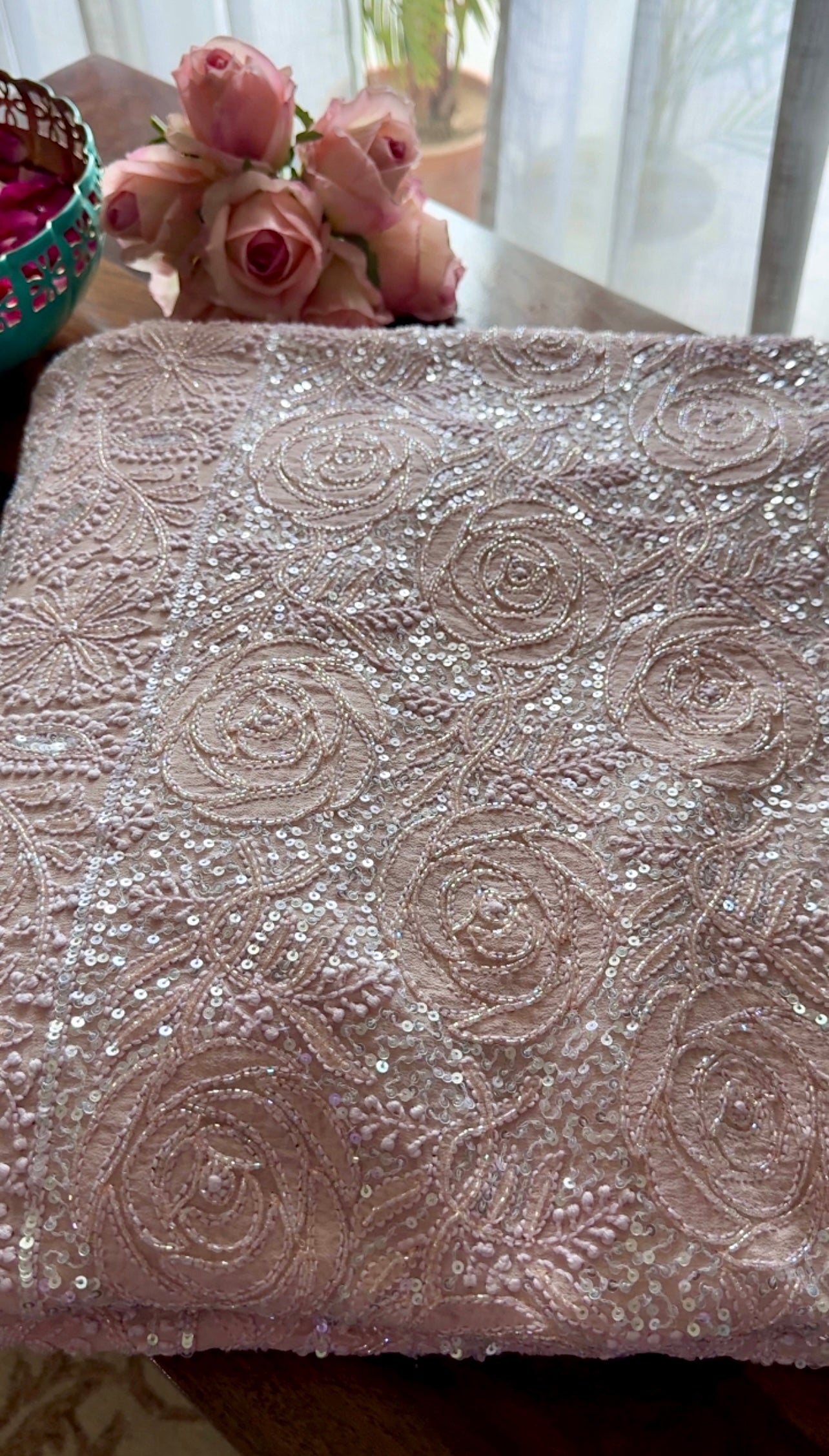 Gulaab Dusty Pink Masterpiece Chikankari Sequins and Cut Dana Saree