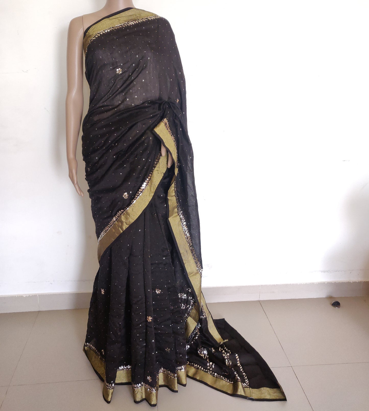 Black Chanderi Silk allover Mukaish Saree