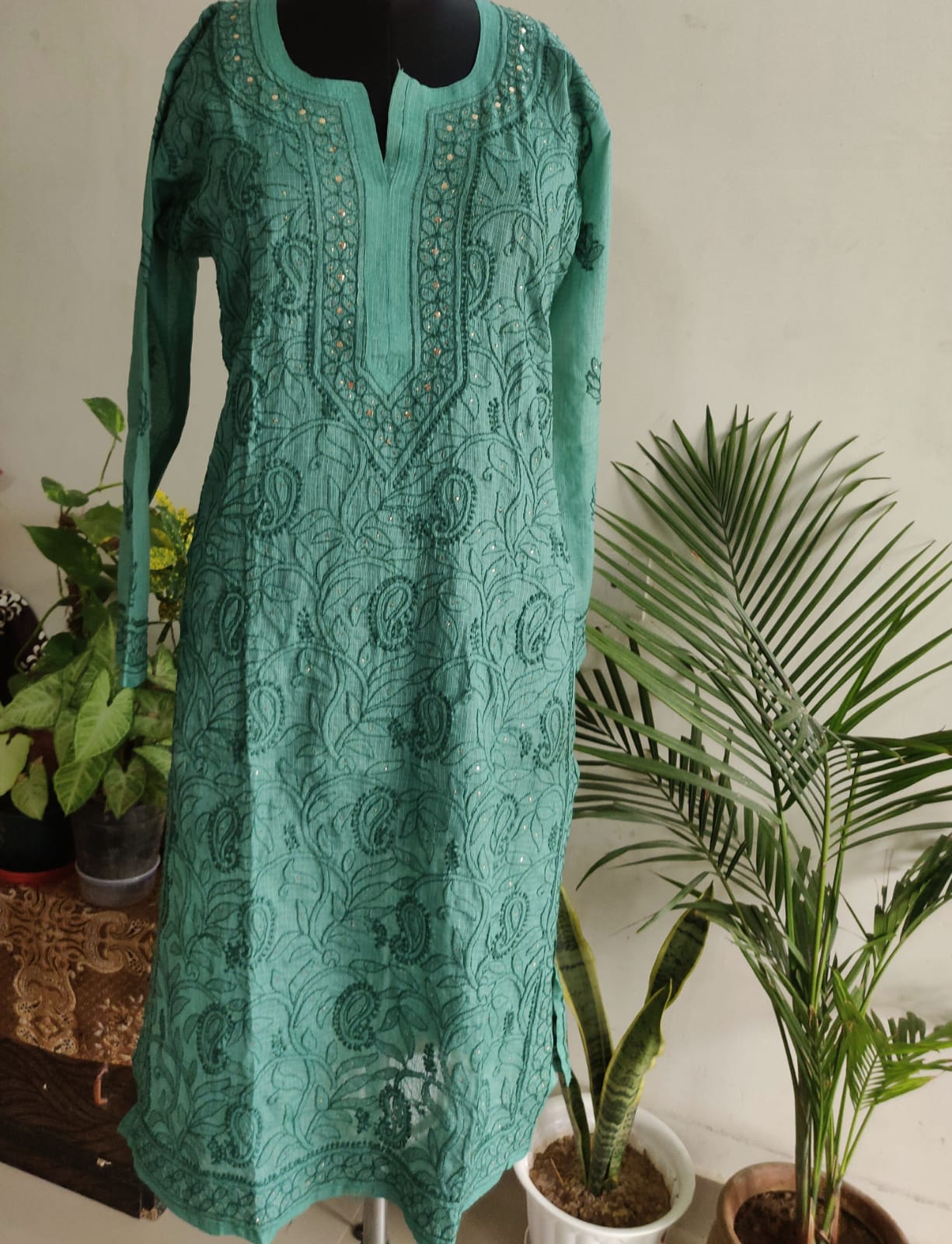 Sage Green Kota Silk Chikankari and Mukaish Kurti