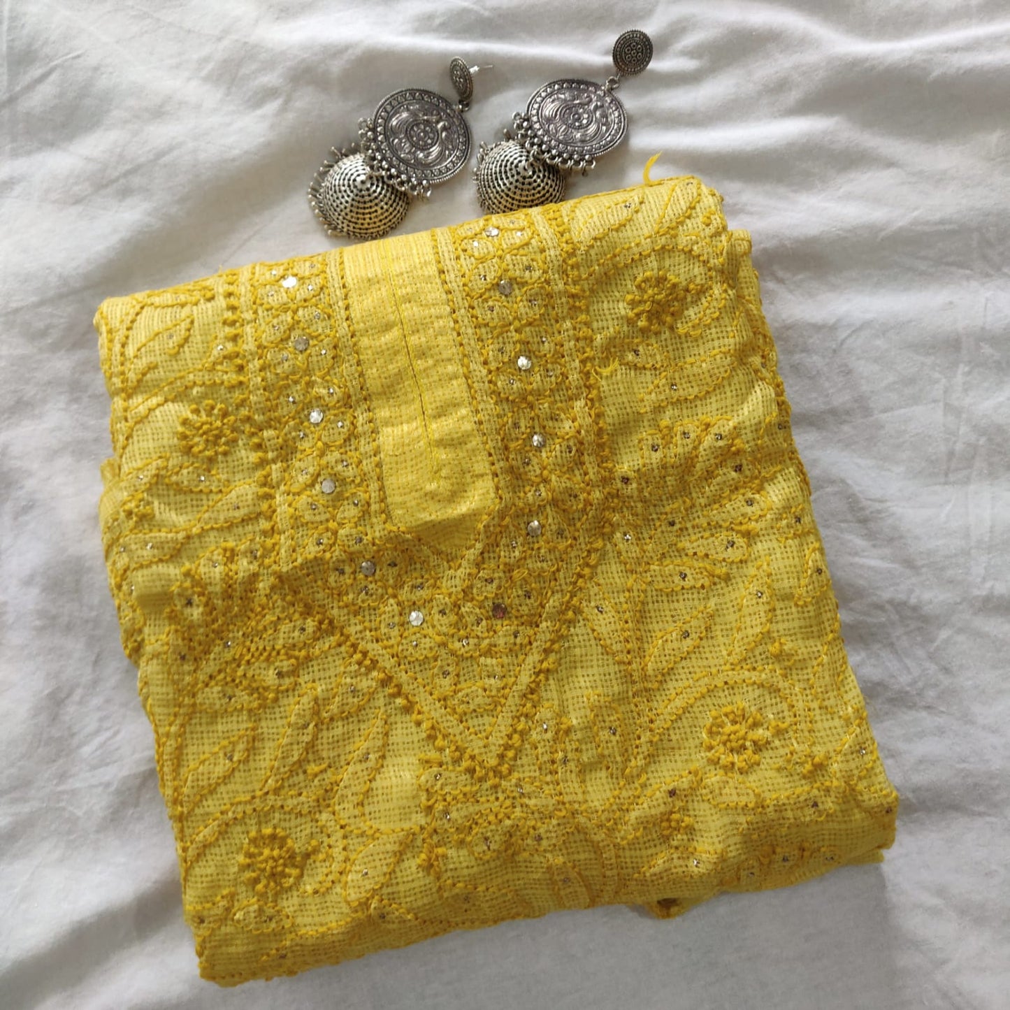 Mustard Yellow Kota Silk Chikankari and mukaish kurti 42 size