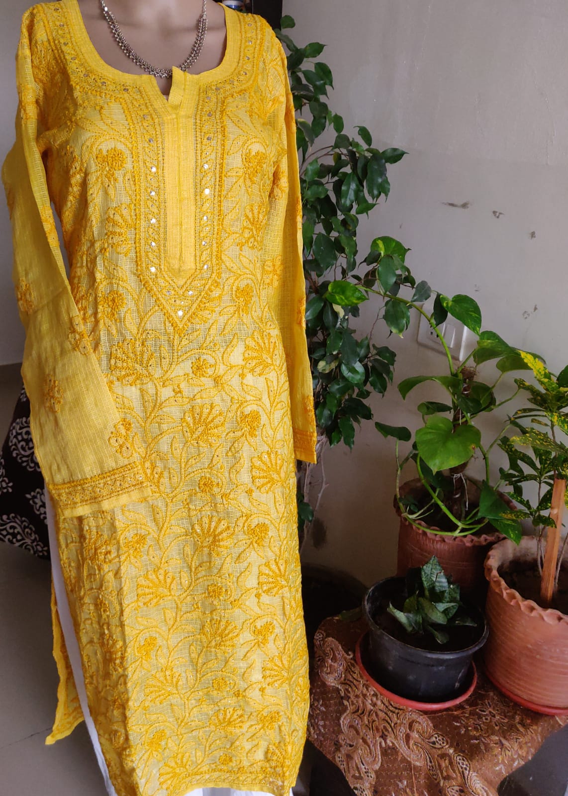 Mustard Yellow Kota Silk Chikankari and mukaish kurti 42 size
