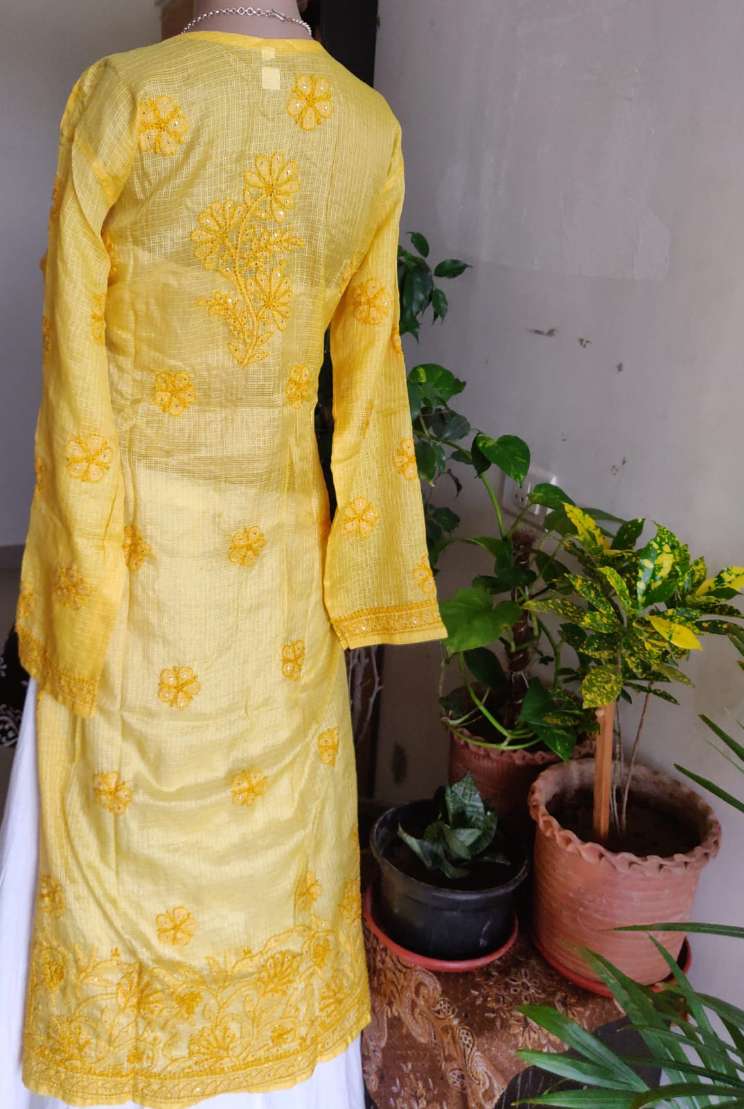 Mustard Yellow Kota Silk Chikankari and mukaish kurti 42 size