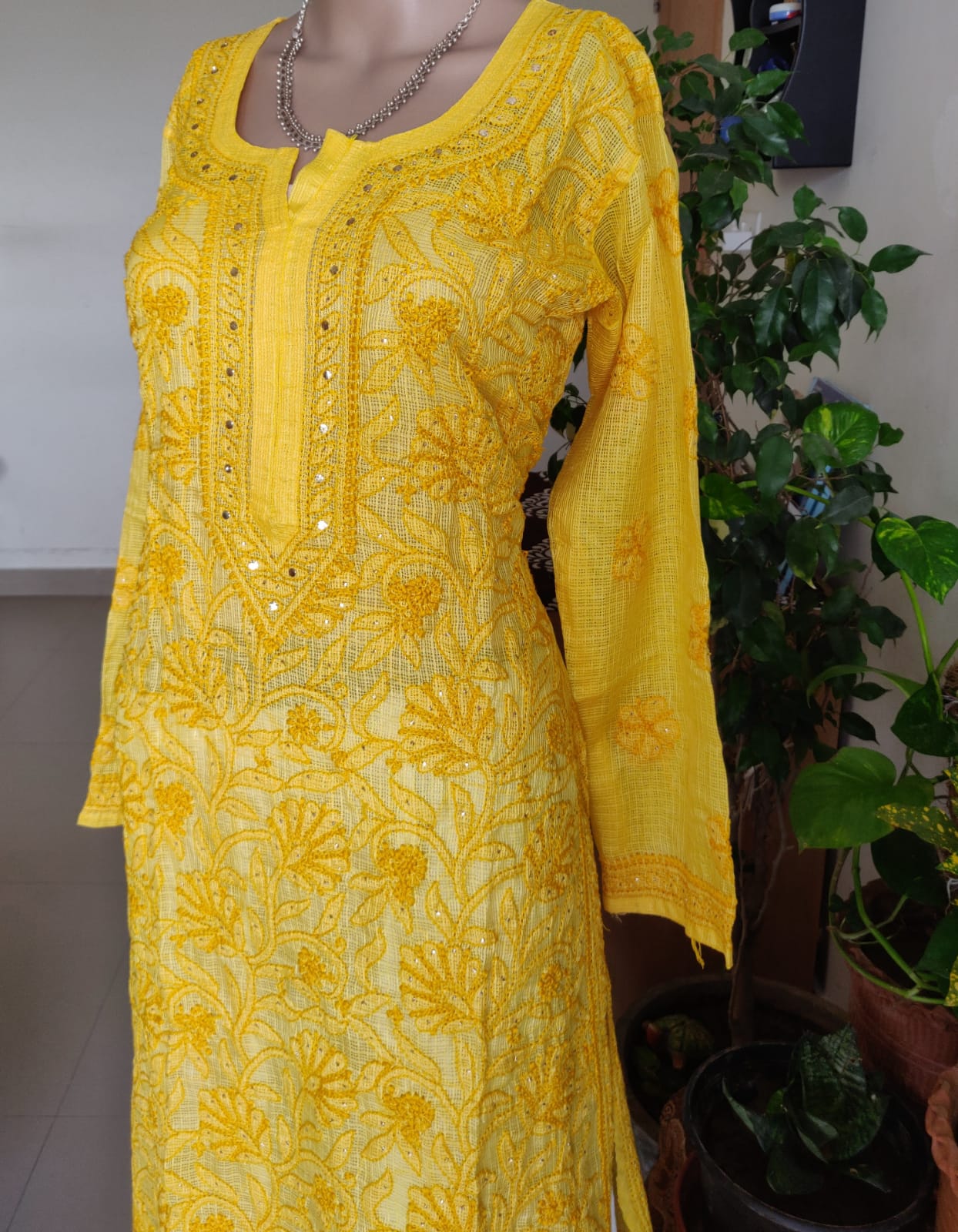 Mustard Yellow Kota Silk Chikankari and mukaish kurti 42 size