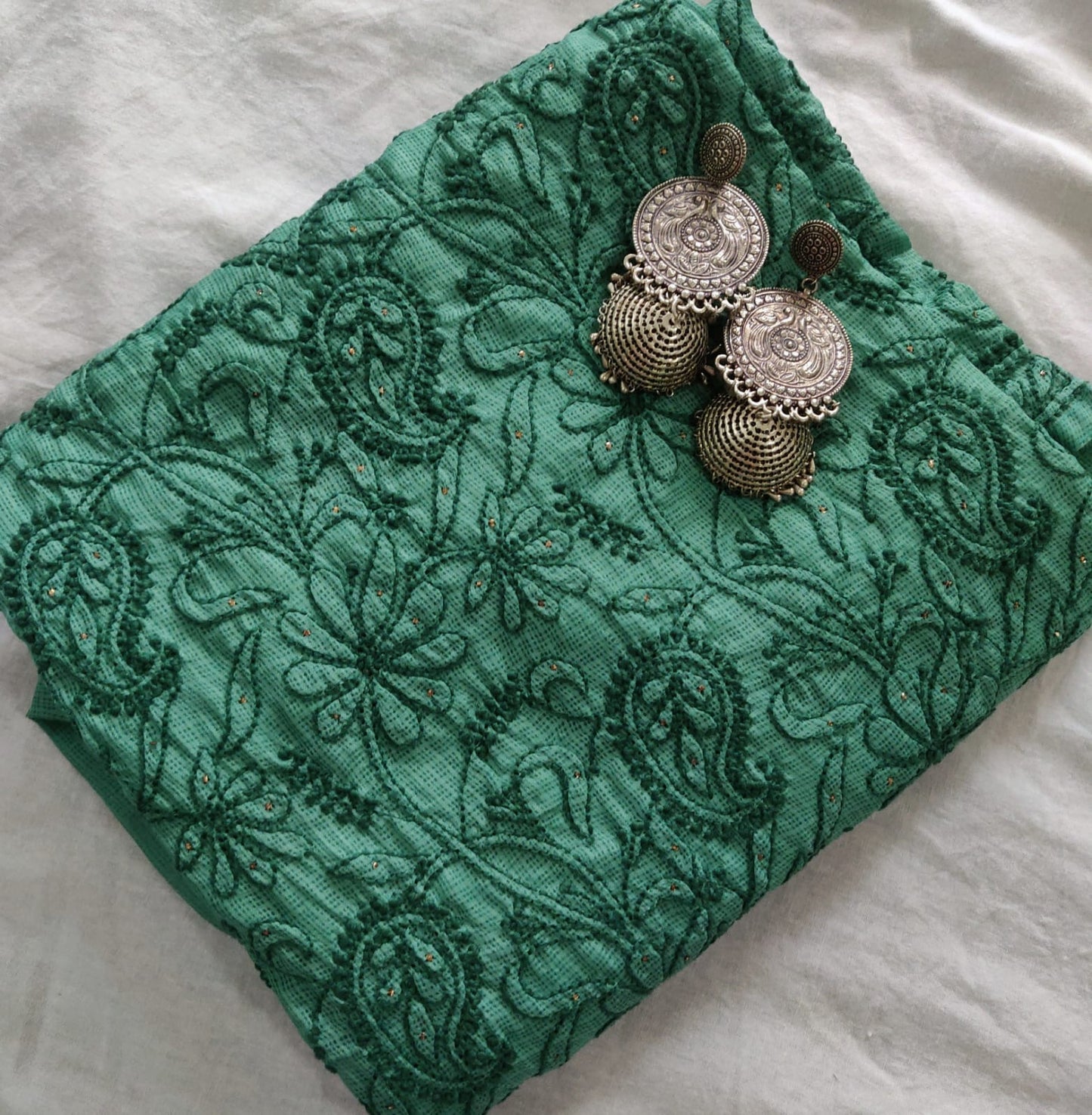 Sage Green Kota Silk Chikankari and Mukaish Kurti