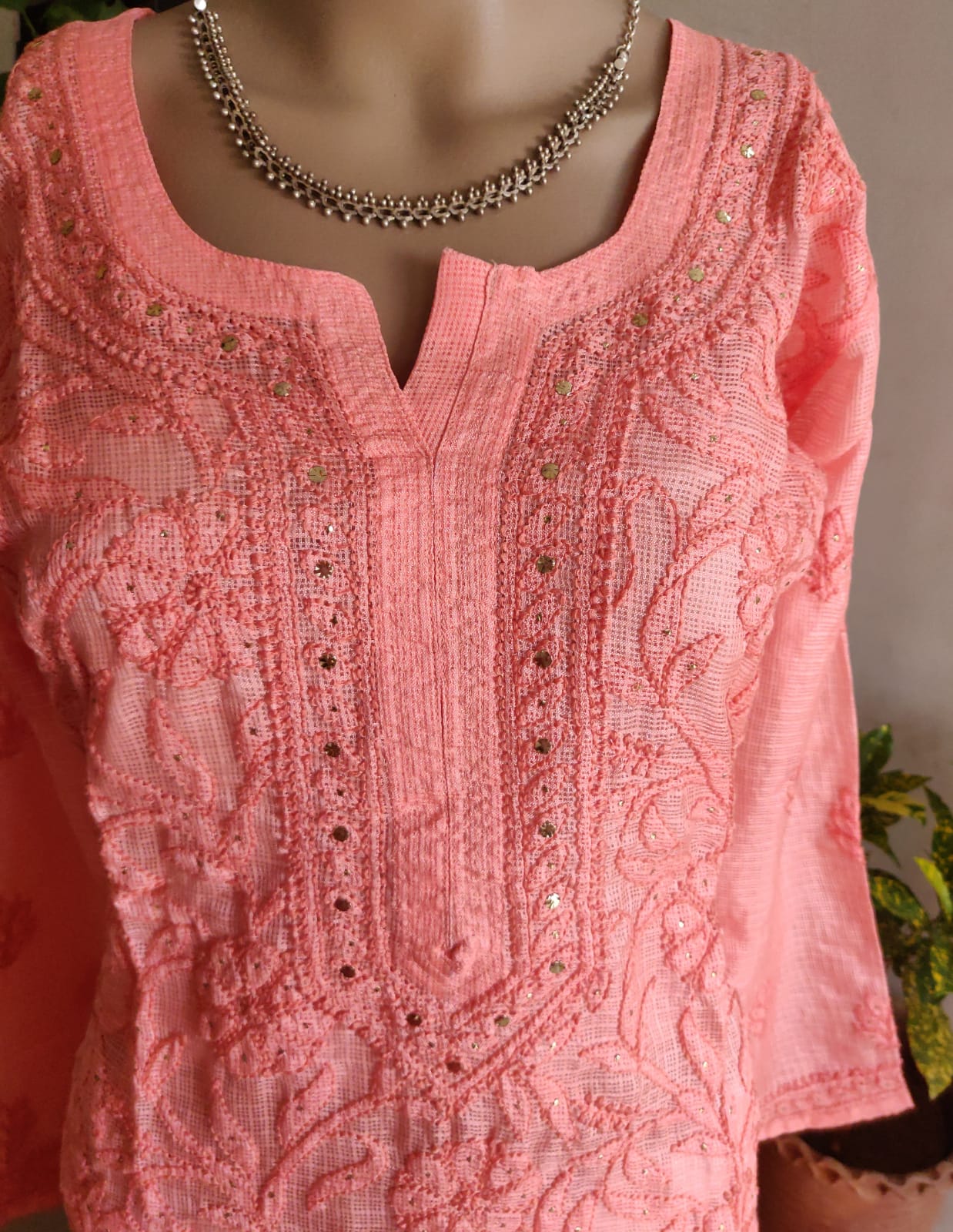 Coral kota silk Chikankari and mukaish kurti 40 size