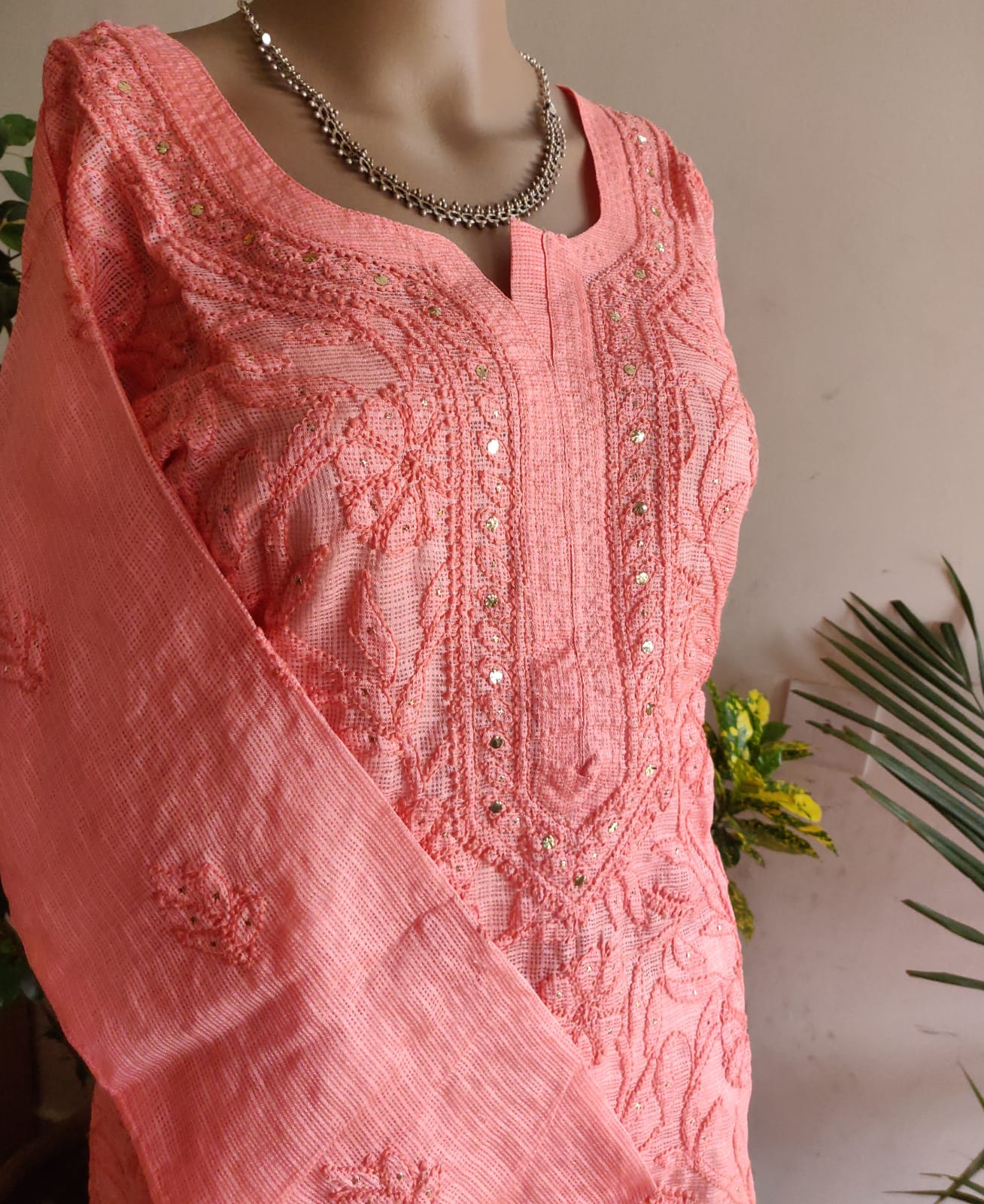 Coral kota silk Chikankari and mukaish kurti 40 size