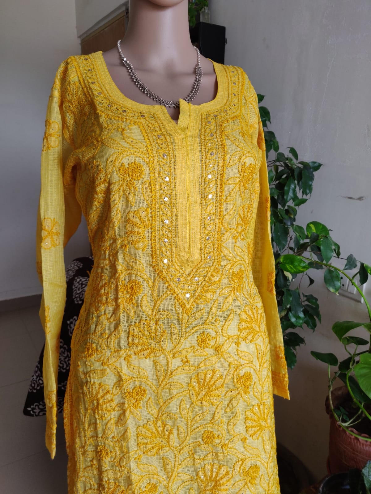 Mustard Yellow Kota Silk Chikankari and mukaish kurti 42 size