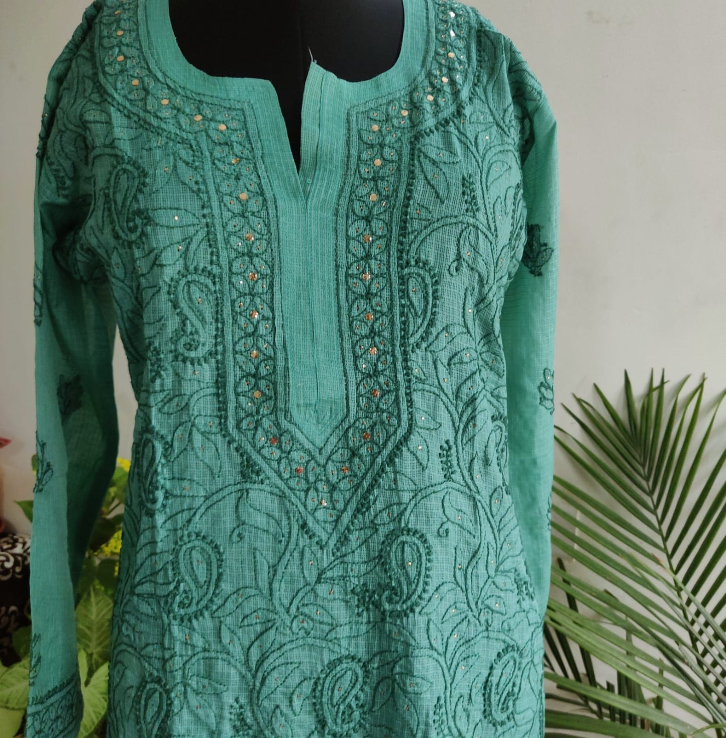 Sage Green Kota Silk Chikankari and Mukaish Kurti