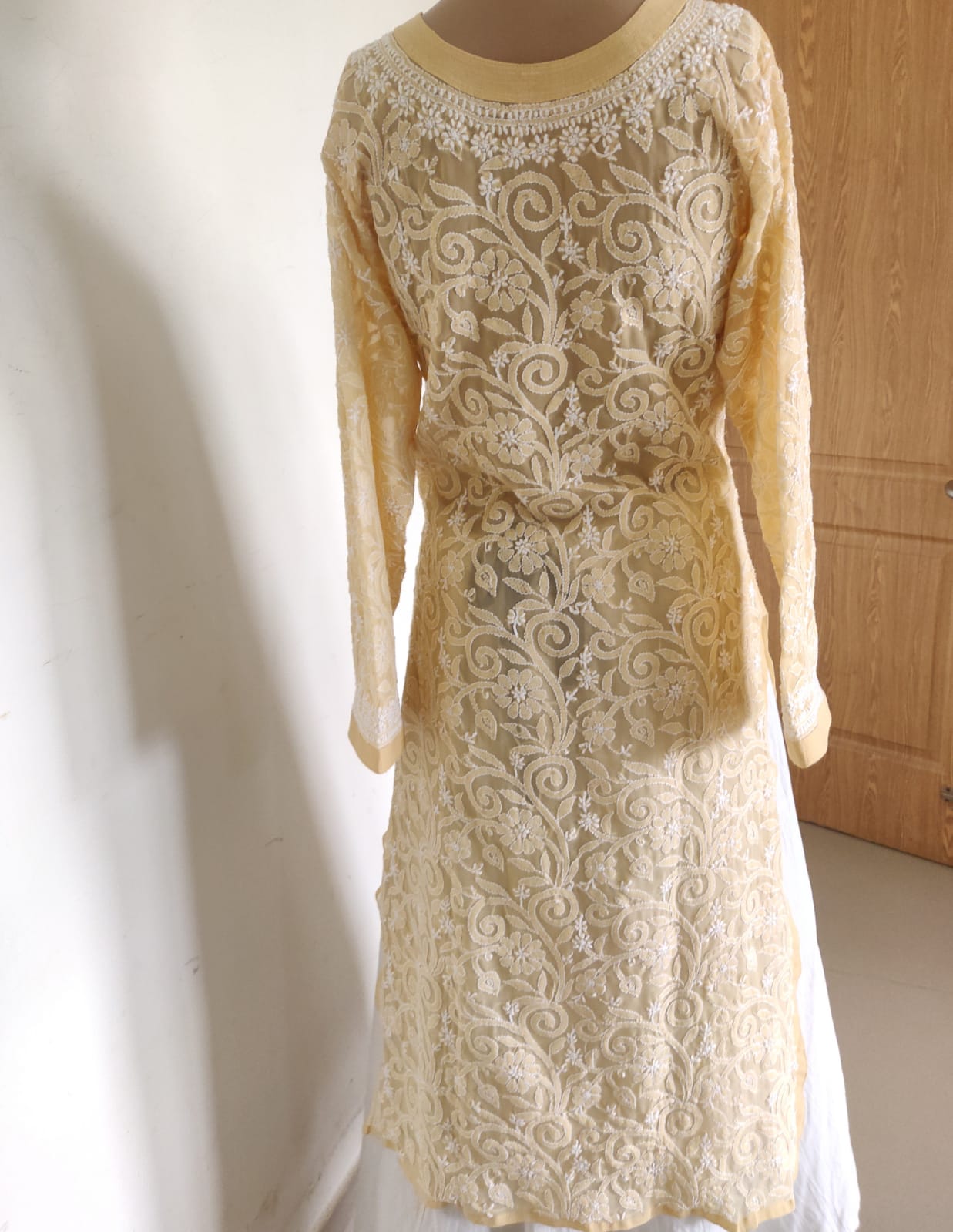 Beige allover Chikankari semi georgette kurti size 40