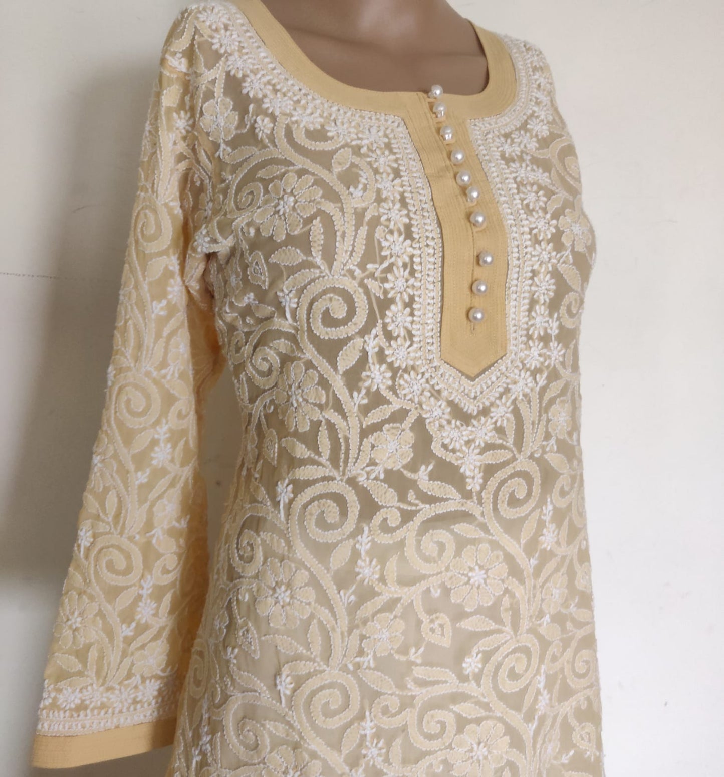Beige allover Chikankari semi georgette kurti size 40