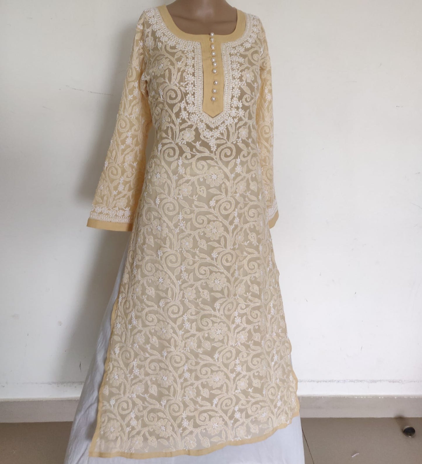 Beige allover Chikankari semi georgette kurti size 40