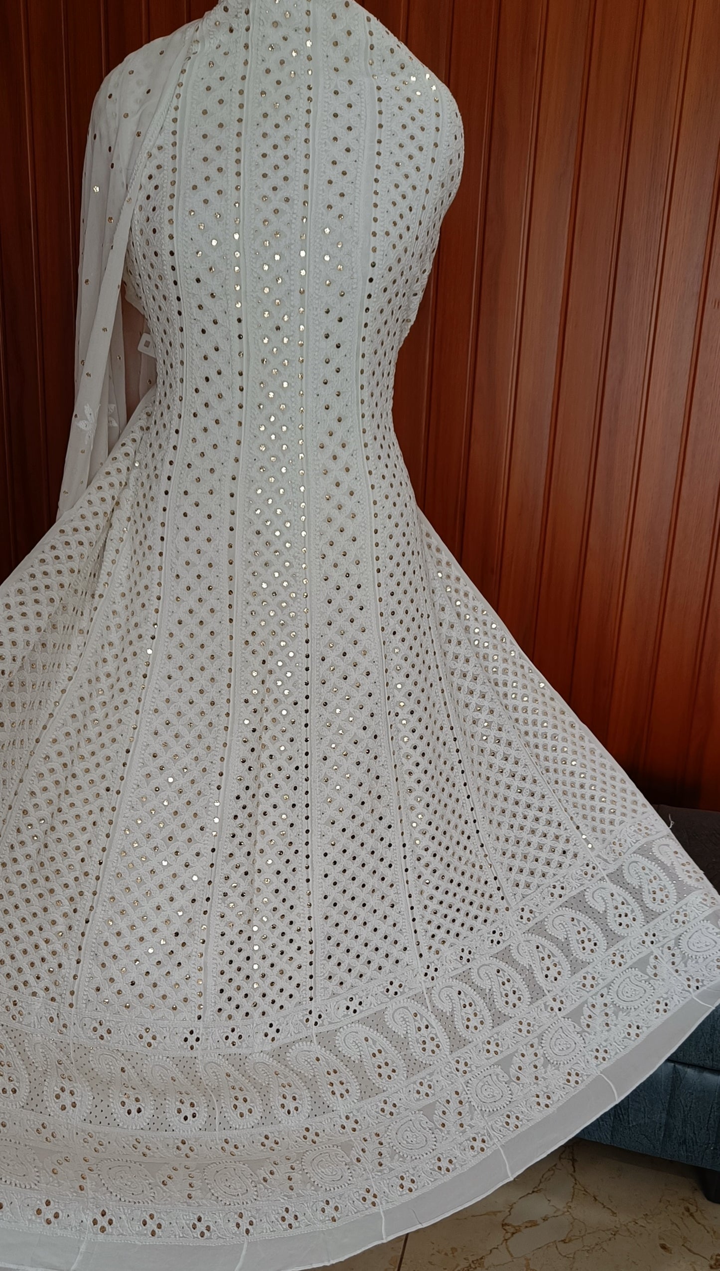 White allover Chikankari and heavy mukaish anarkali with dupatta