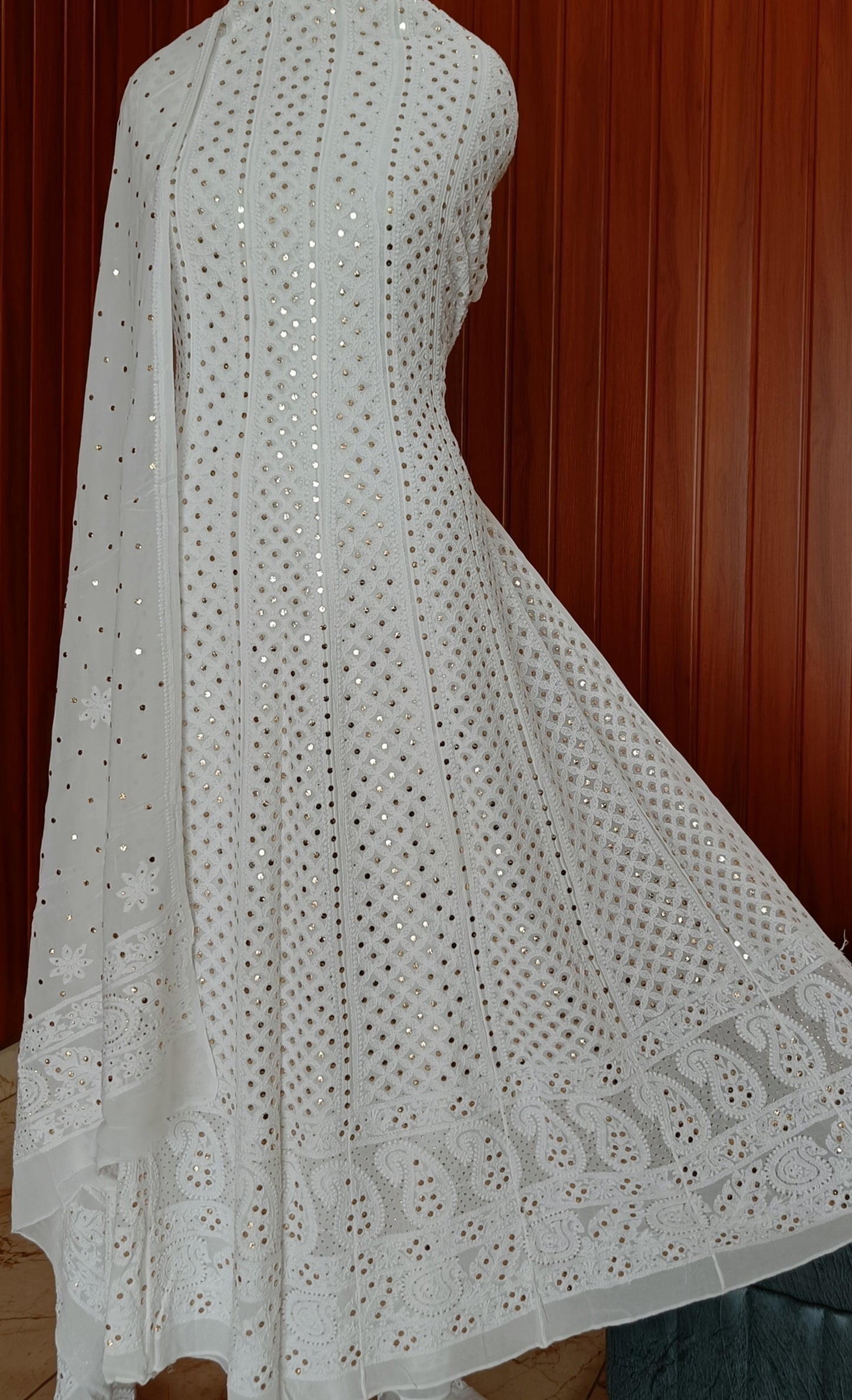 White allover Chikankari and heavy mukaish anarkali with dupatta
