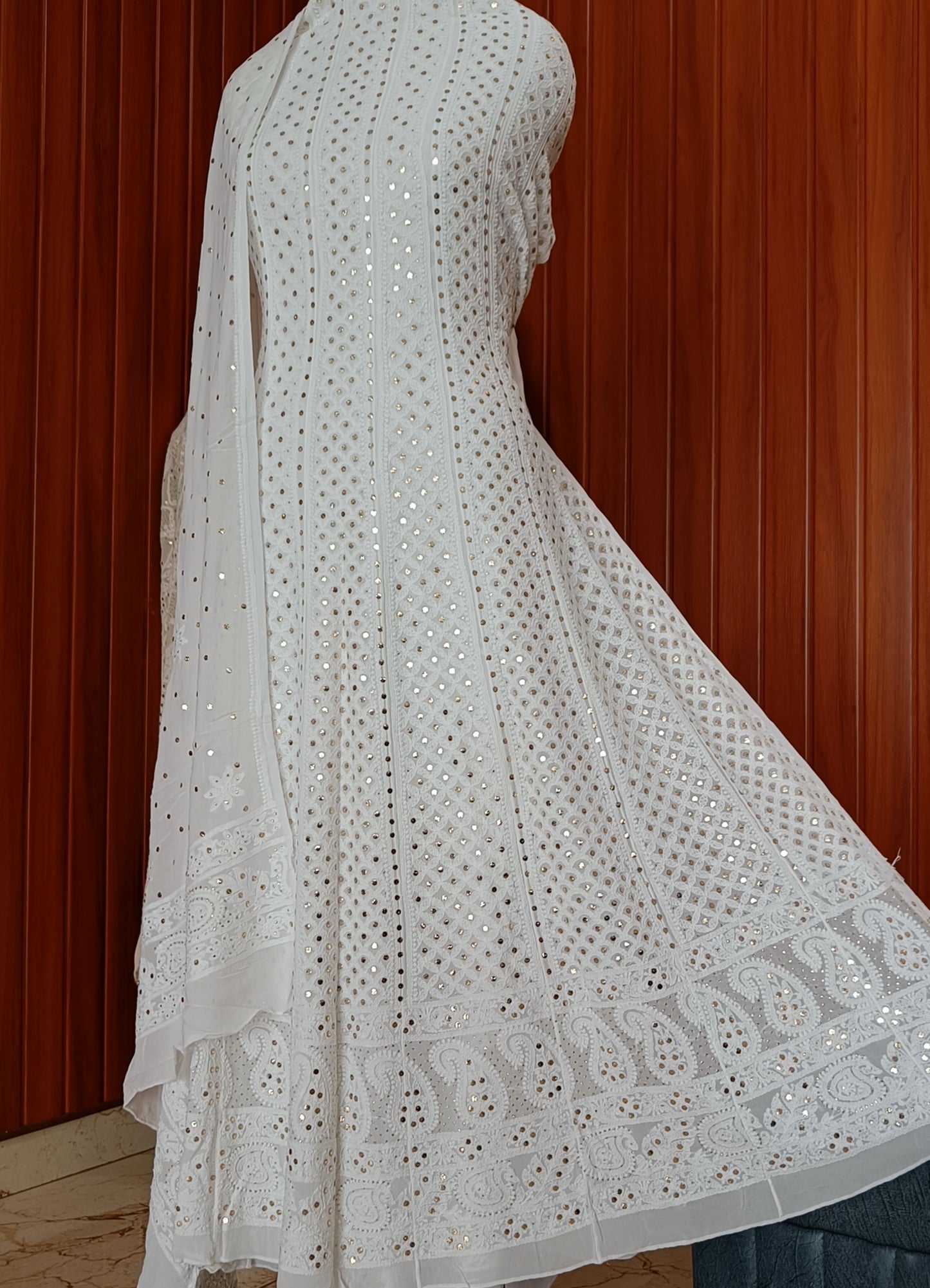 White allover Chikankari and heavy mukaish anarkali with dupatta