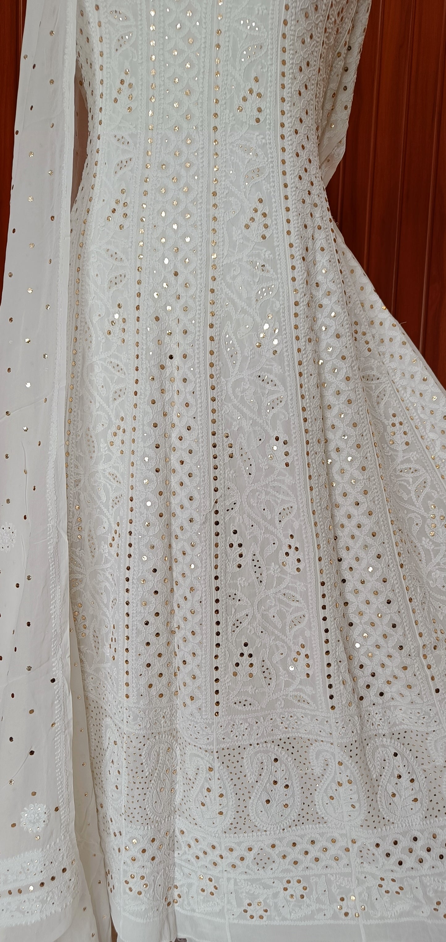 White allover Chikankari and heavy mukaish anarkali with dupatta